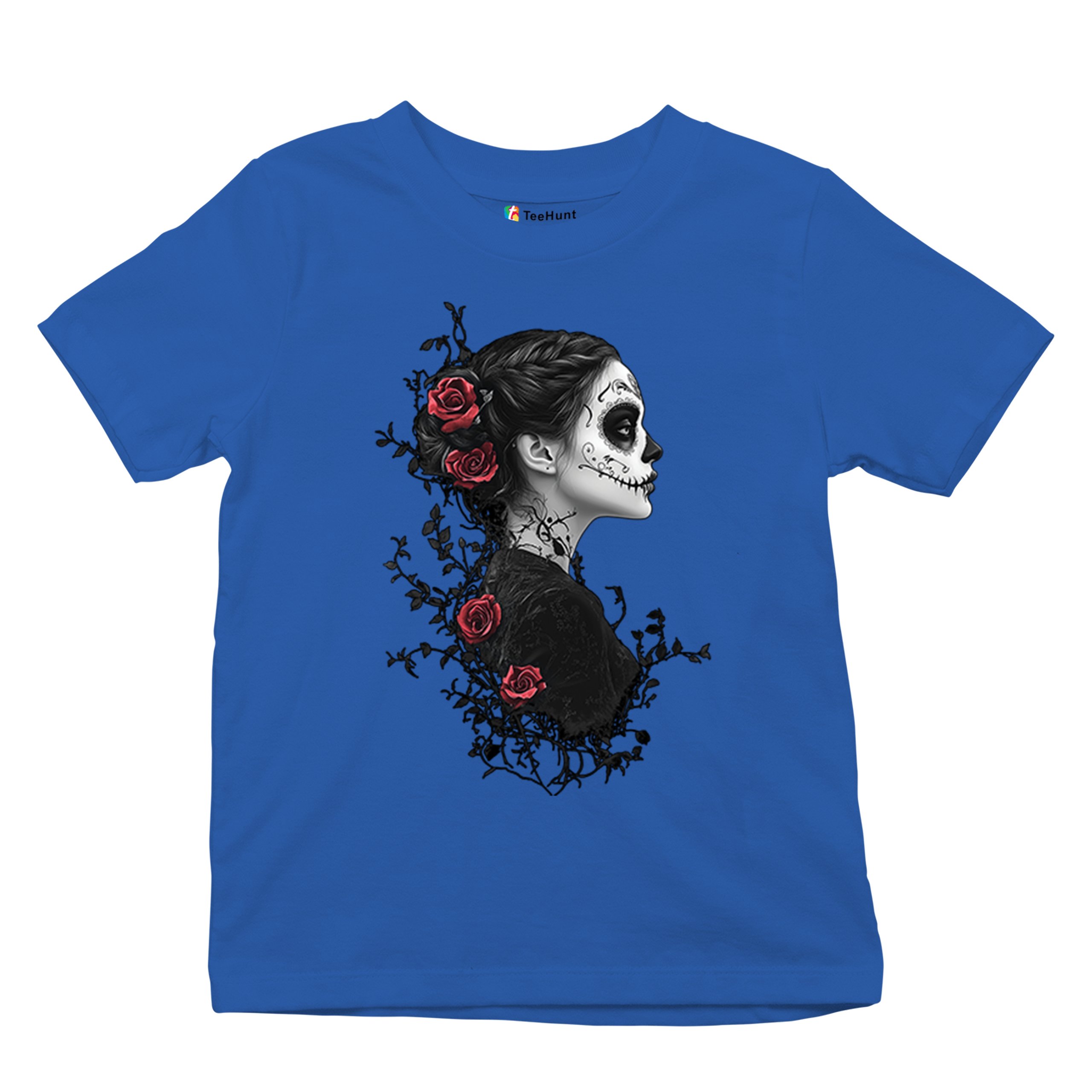 Gothic Sugar Skull Roses Youth T-shirt Day of Dead Dark Elegance Skeleton Kids - Picture 41 of 50