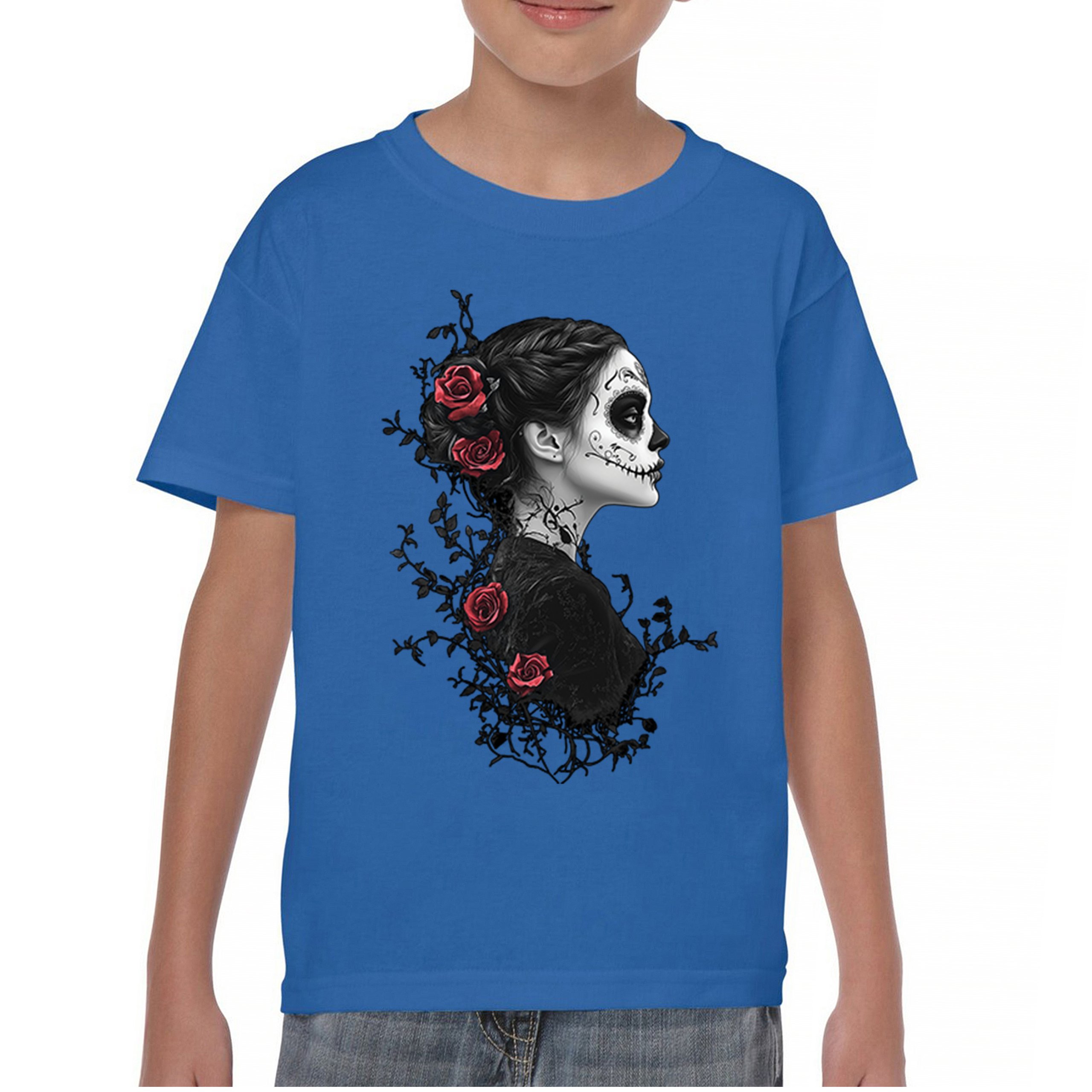 Gothic Sugar Skull Roses Youth T-shirt Day of Dead Dark Elegance Skeleton Kids - Picture 37 of 50