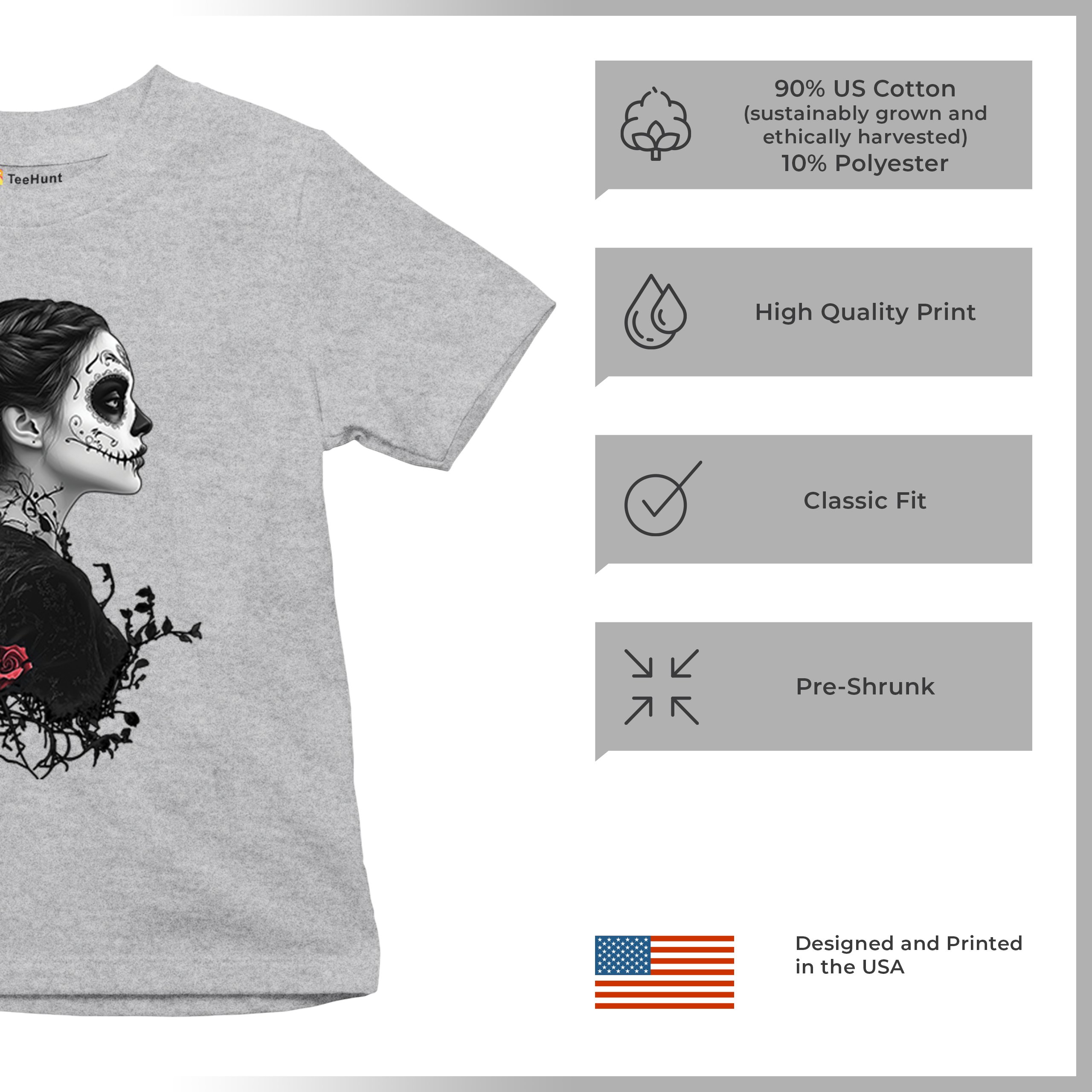 Gothic Sugar Skull Roses Youth T-shirt Day of Dead Dark Elegance Skeleton Kids - Picture 14 of 50