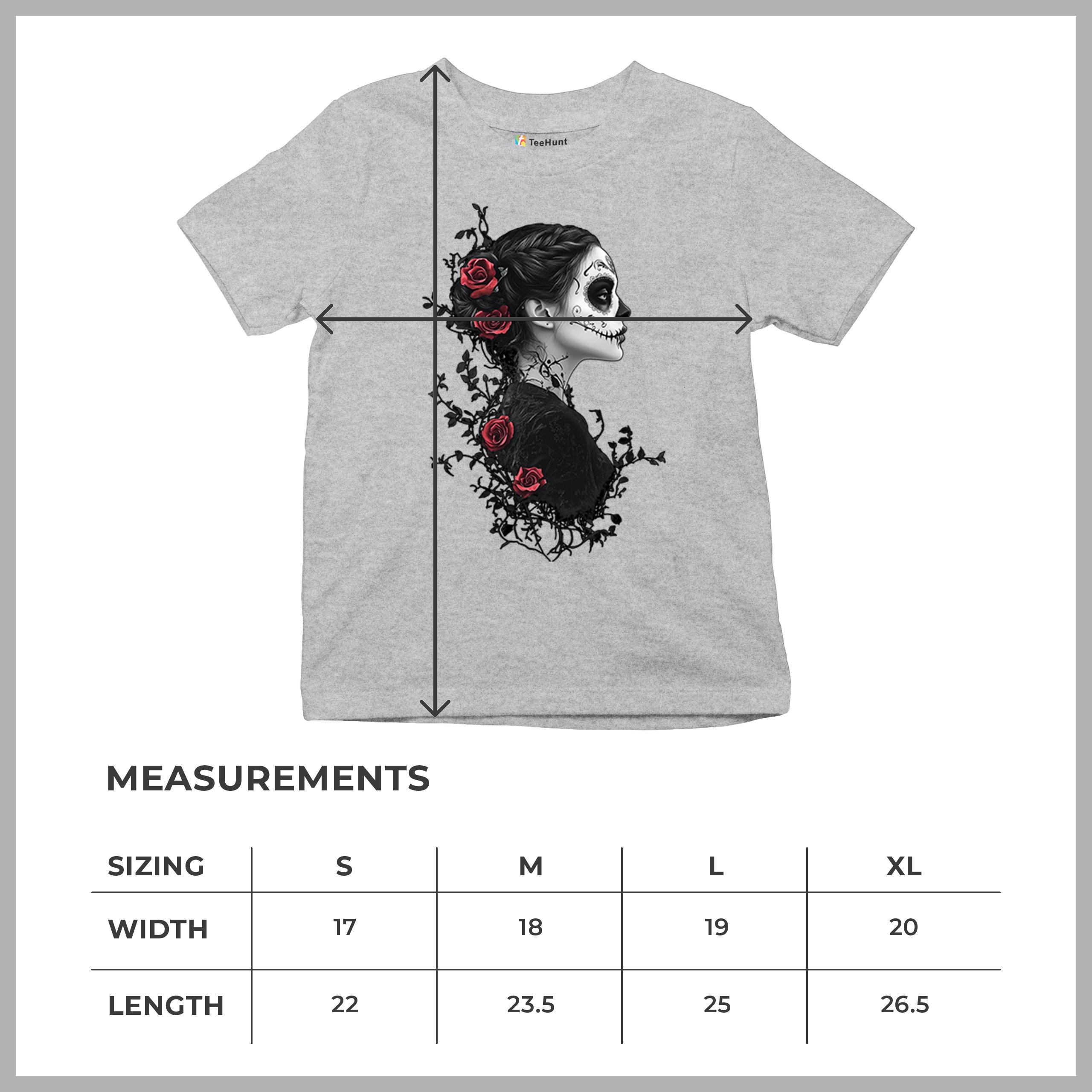 Gothic Sugar Skull Roses Youth T-shirt Day of Dead Dark Elegance Skeleton Kids - Picture 15 of 50