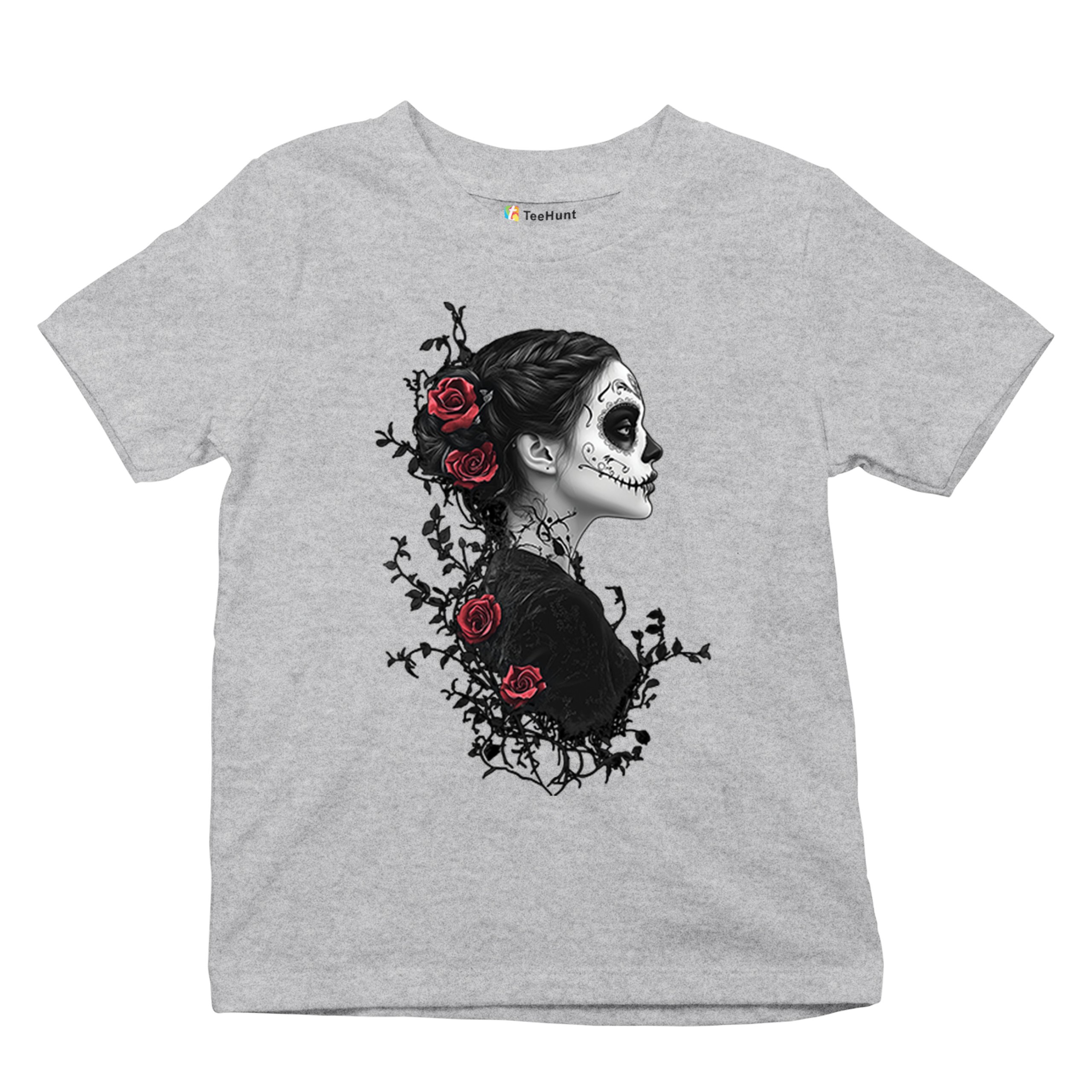 Gothic Sugar Skull Roses Youth T-shirt Day of Dead Dark Elegance Skeleton Kids - Picture 13 of 50