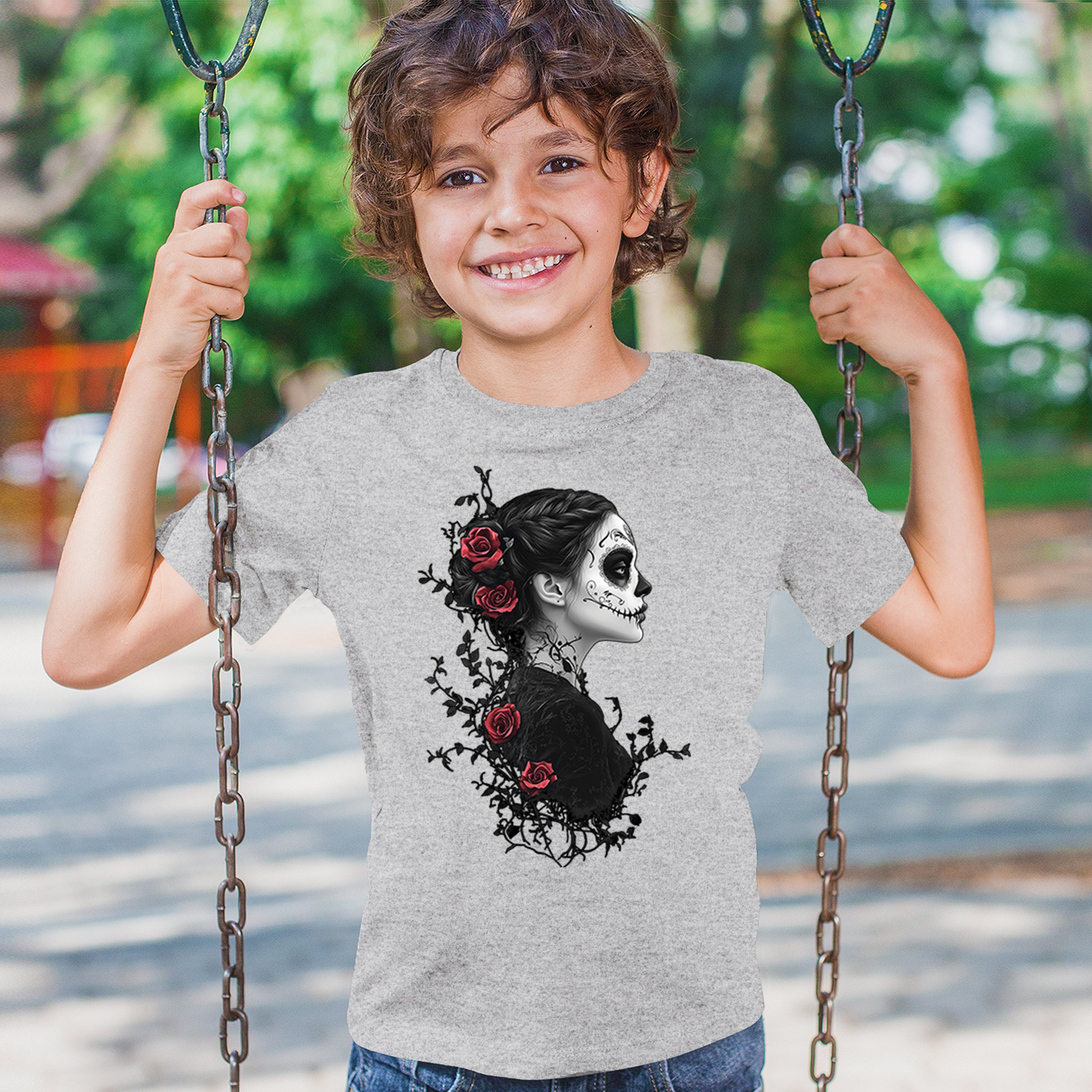 Gothic Sugar Skull Roses Youth T-shirt Day of Dead Dark Elegance Skeleton Kids - Picture 12 of 50
