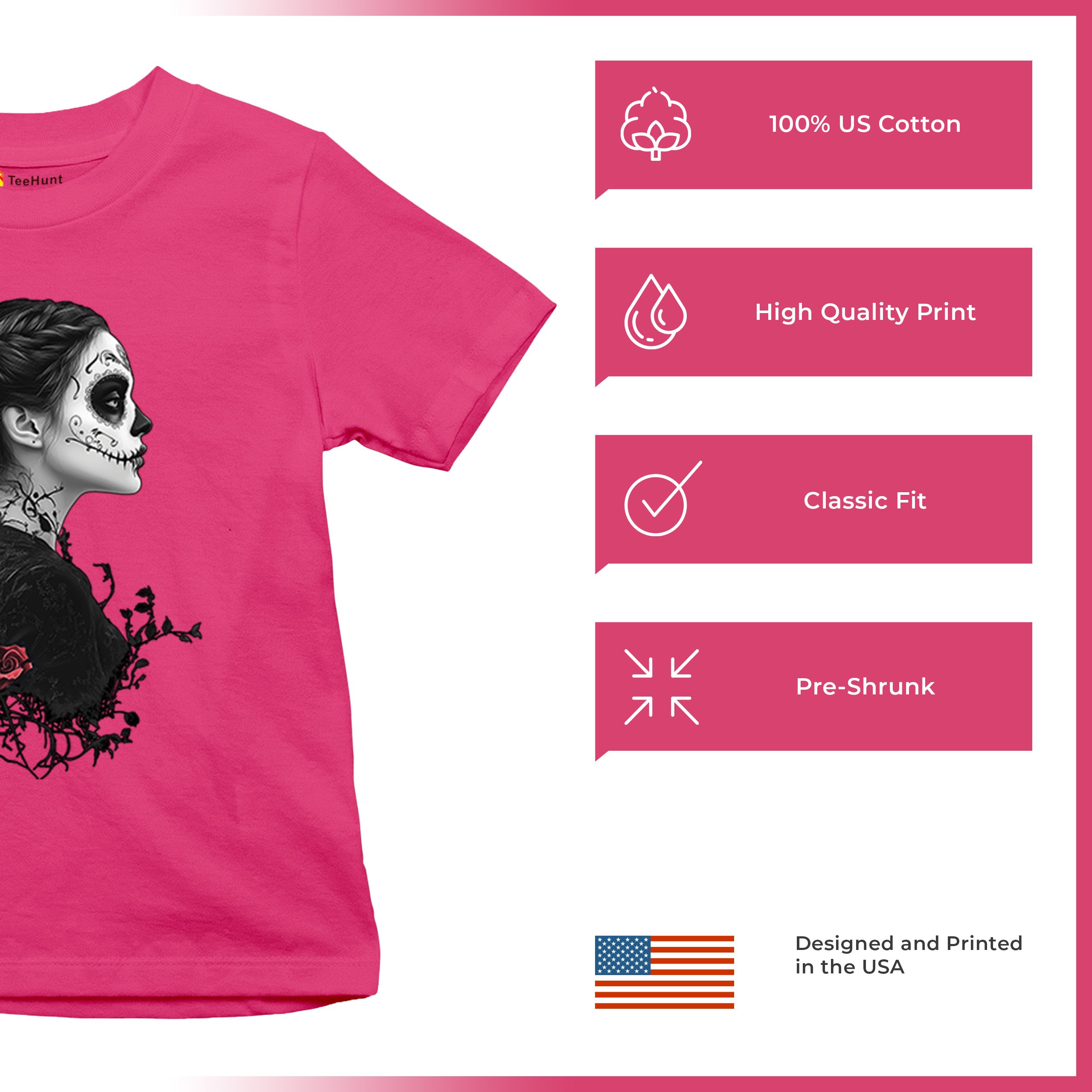 Gothic Sugar Skull Roses Youth T-shirt Day of Dead Dark Elegance Skeleton Kids - Picture 49 of 50