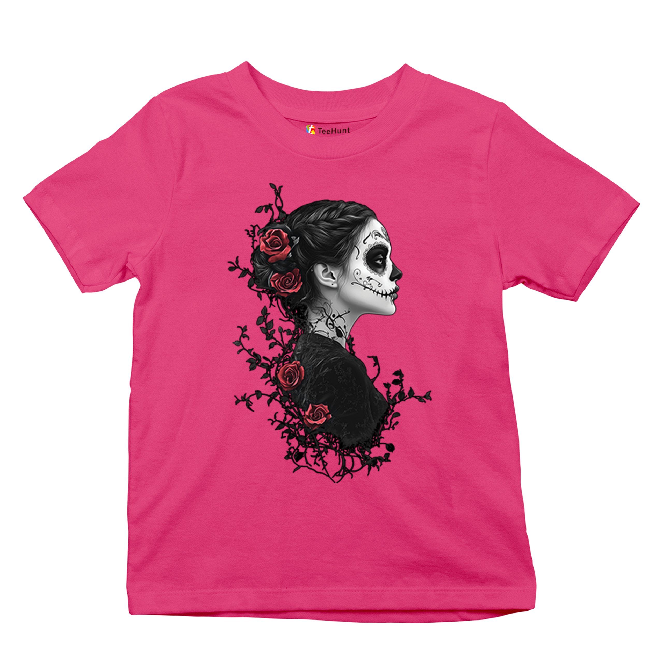 Gothic Sugar Skull Roses Youth T-shirt Day of Dead Dark Elegance Skeleton Kids - Picture 48 of 50
