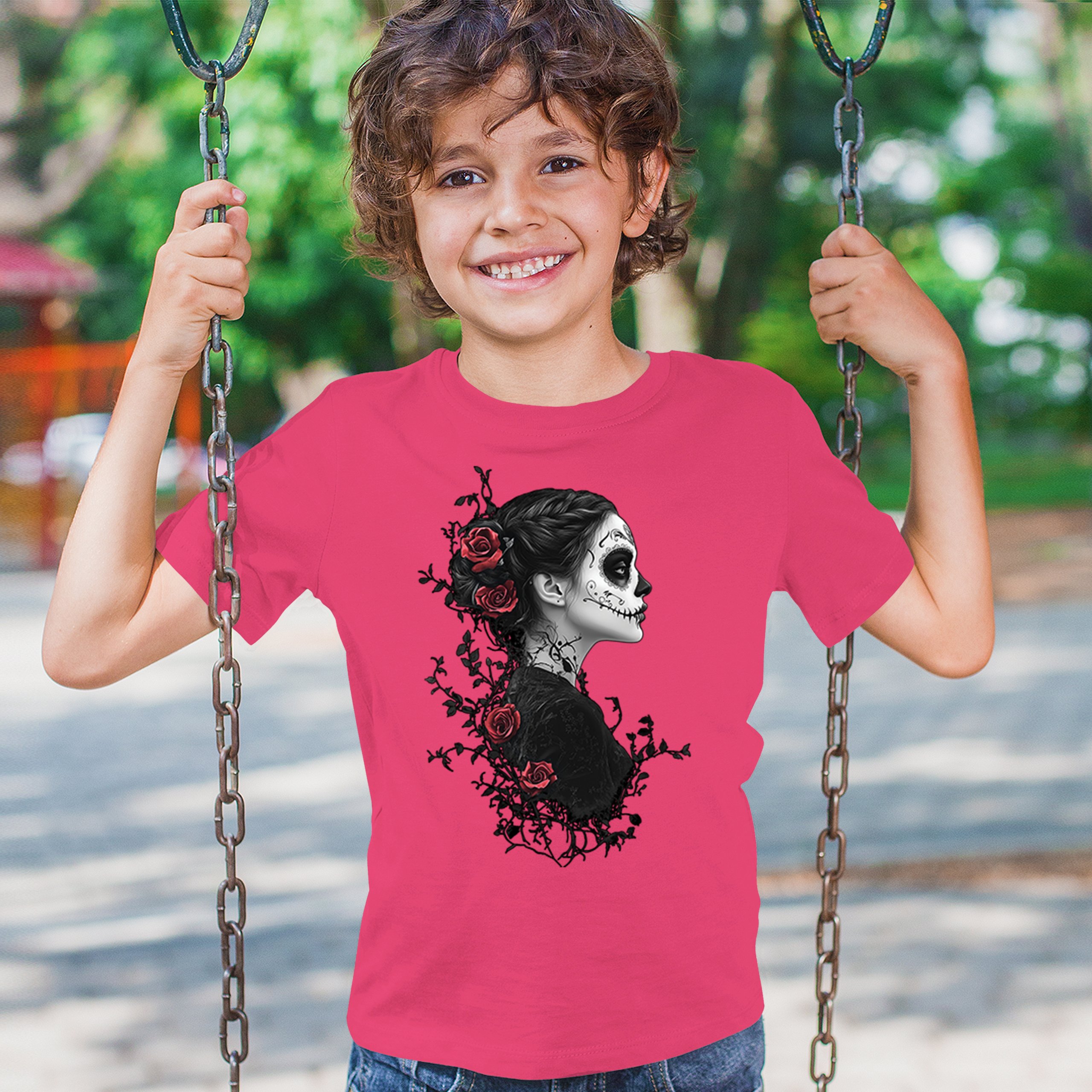 Gothic Sugar Skull Roses Youth T-shirt Day of Dead Dark Elegance Skeleton Kids - Picture 47 of 50