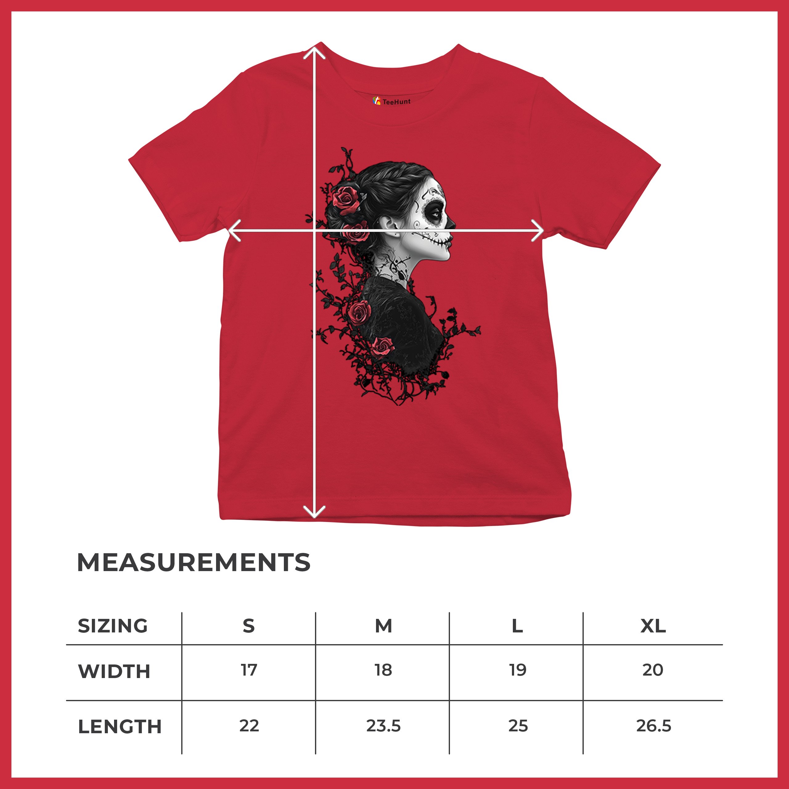 Gothic Sugar Skull Roses Youth T-shirt Day of Dead Dark Elegance Skeleton Kids - Picture 22 of 50