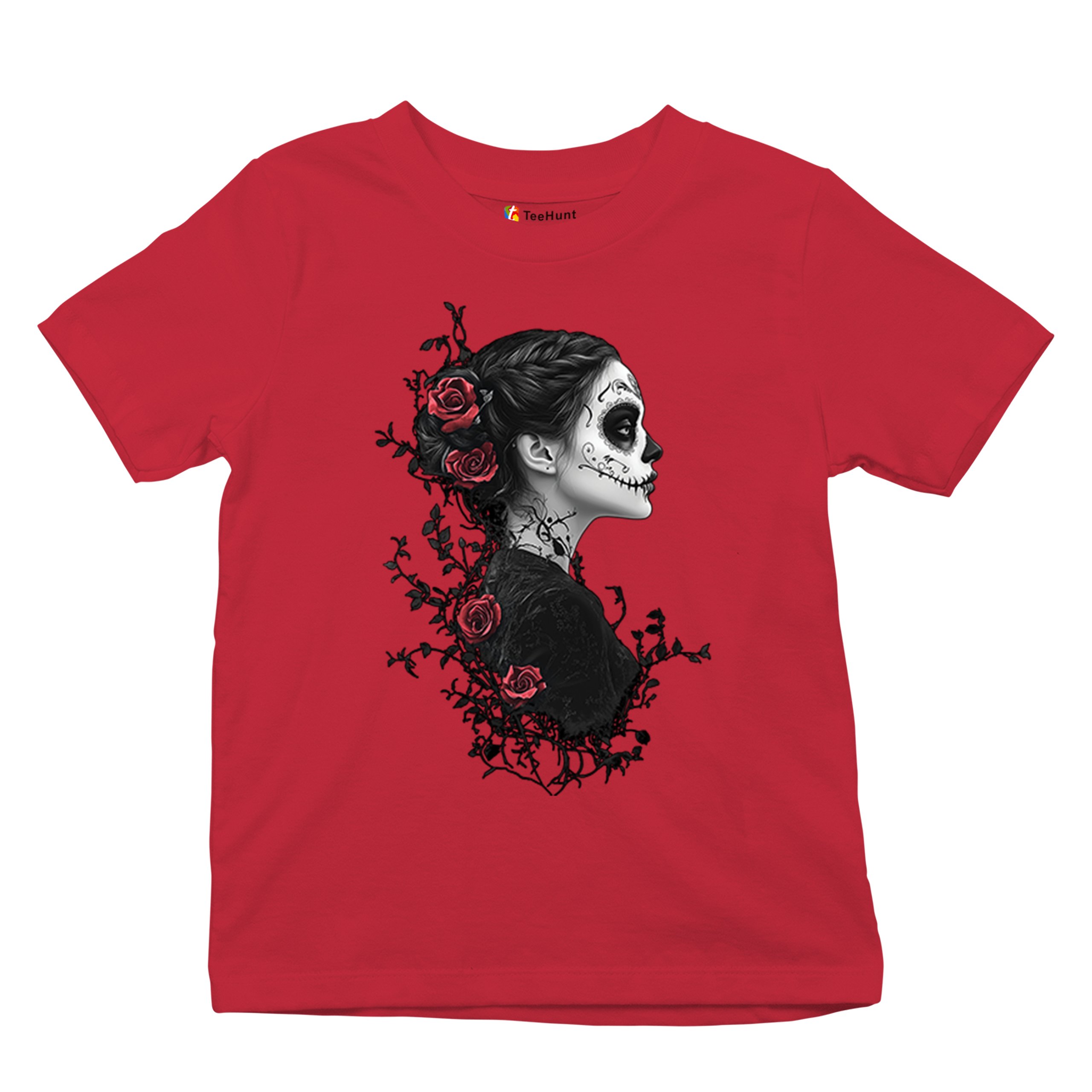 Gothic Sugar Skull Roses Youth T-shirt Day of Dead Dark Elegance Skeleton Kids - Picture 20 of 50