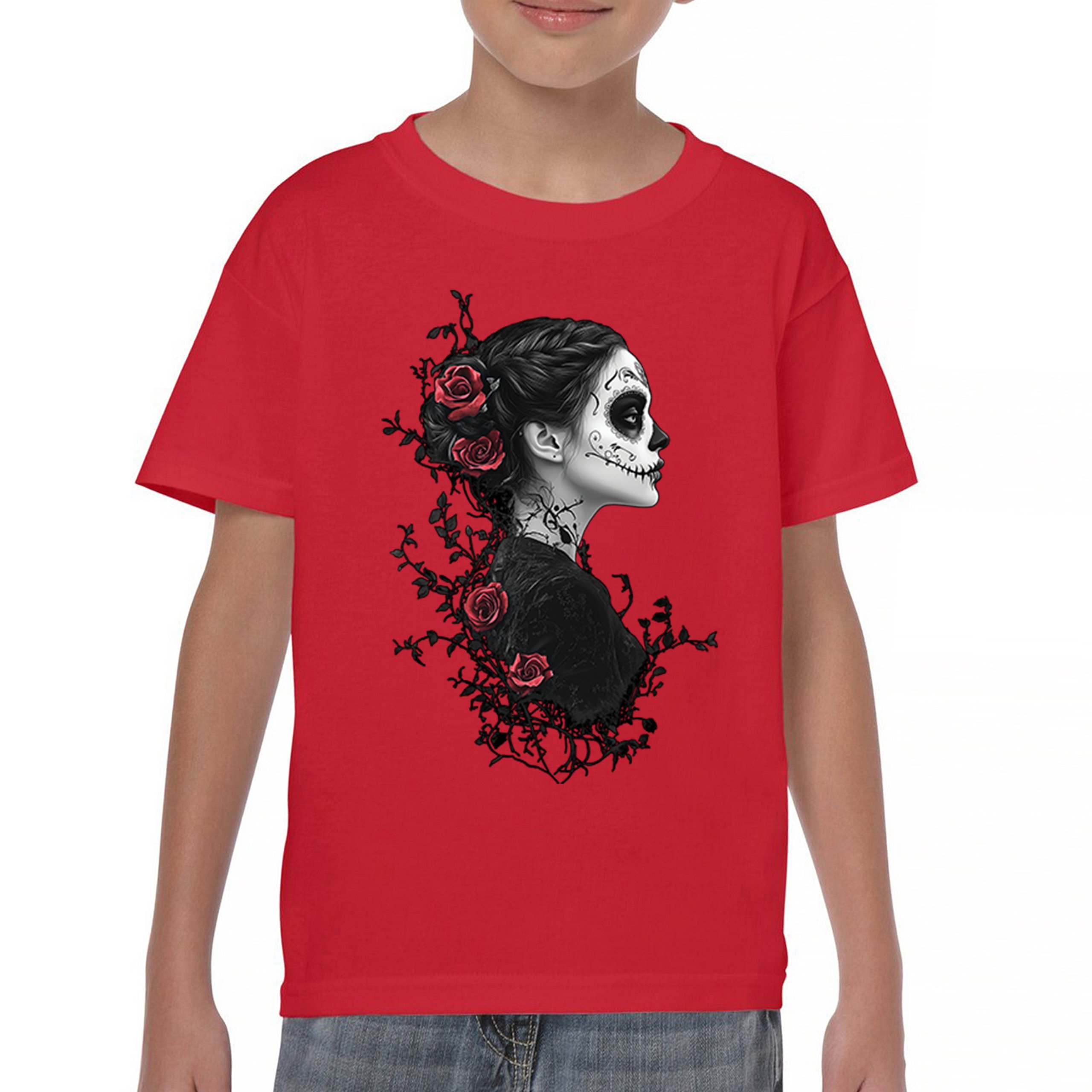 Gothic Sugar Skull Roses Youth T-shirt Day of Dead Dark Elegance Skeleton Kids - Picture 16 of 50