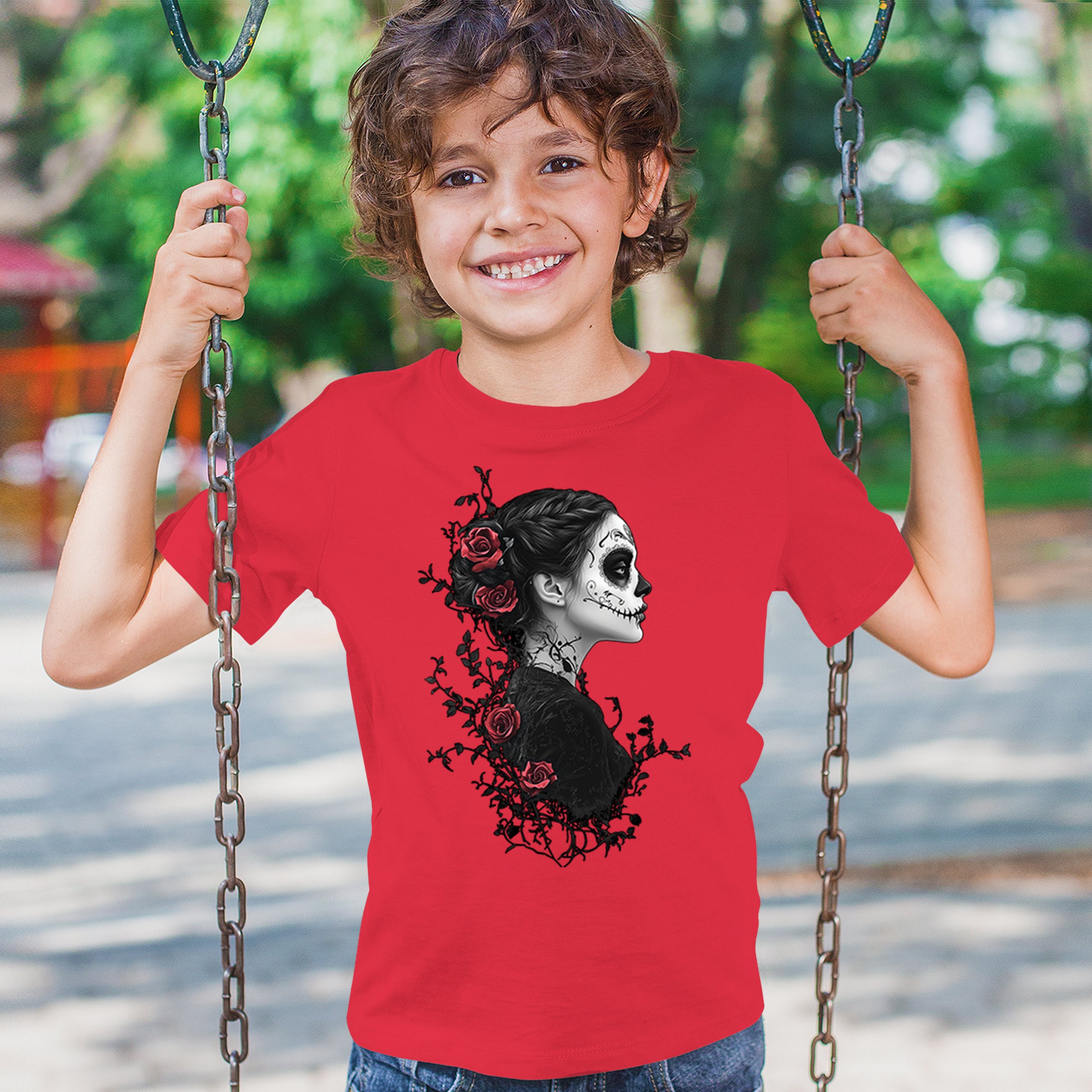 Gothic Sugar Skull Roses Youth T-shirt Day of Dead Dark Elegance Skeleton Kids - Picture 19 of 50