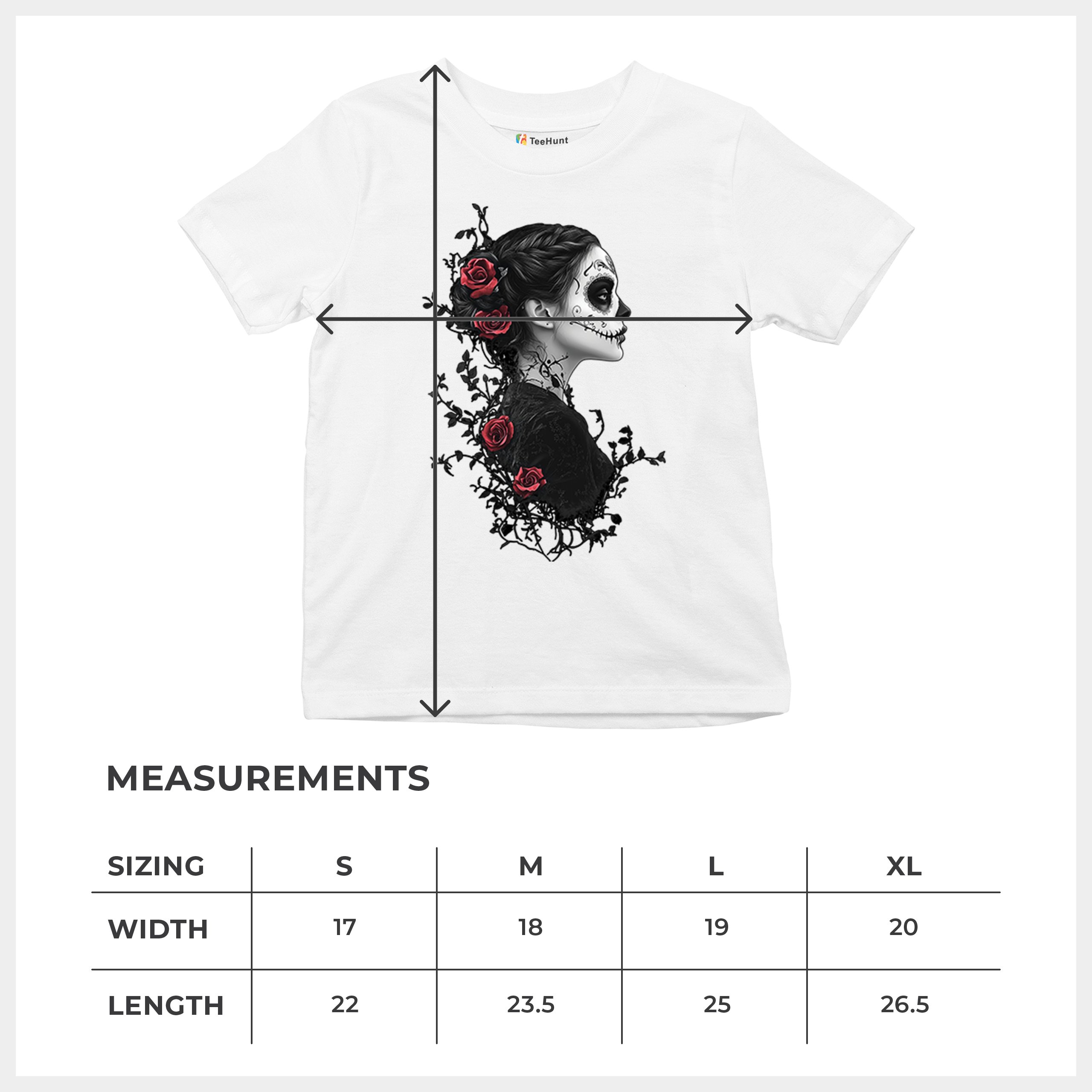 Gothic Sugar Skull Roses Youth T-shirt Day of Dead Dark Elegance Skeleton Kids - Picture 29 of 50