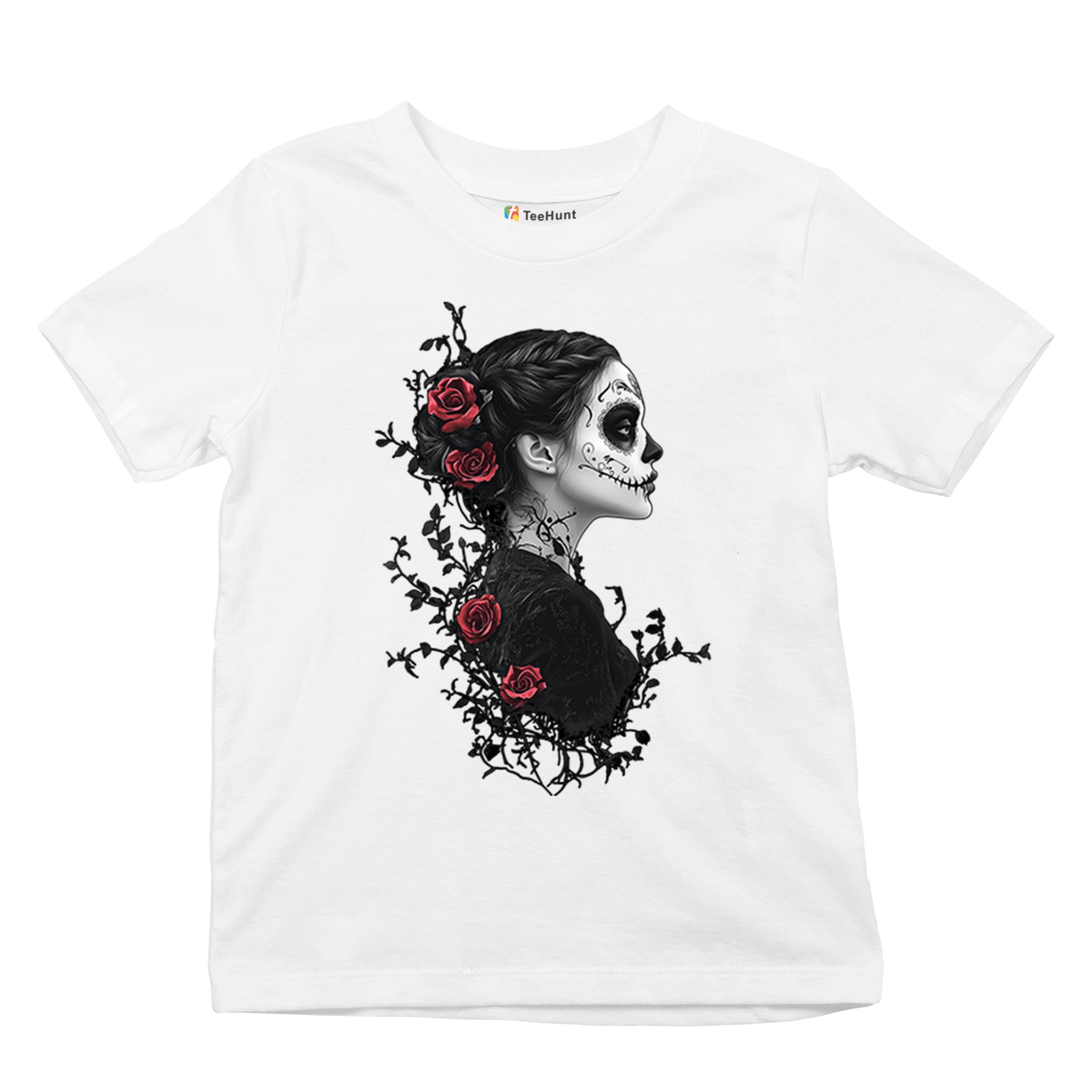 Gothic Sugar Skull Roses Youth T-shirt Day of Dead Dark Elegance Skeleton Kids - Picture 27 of 50