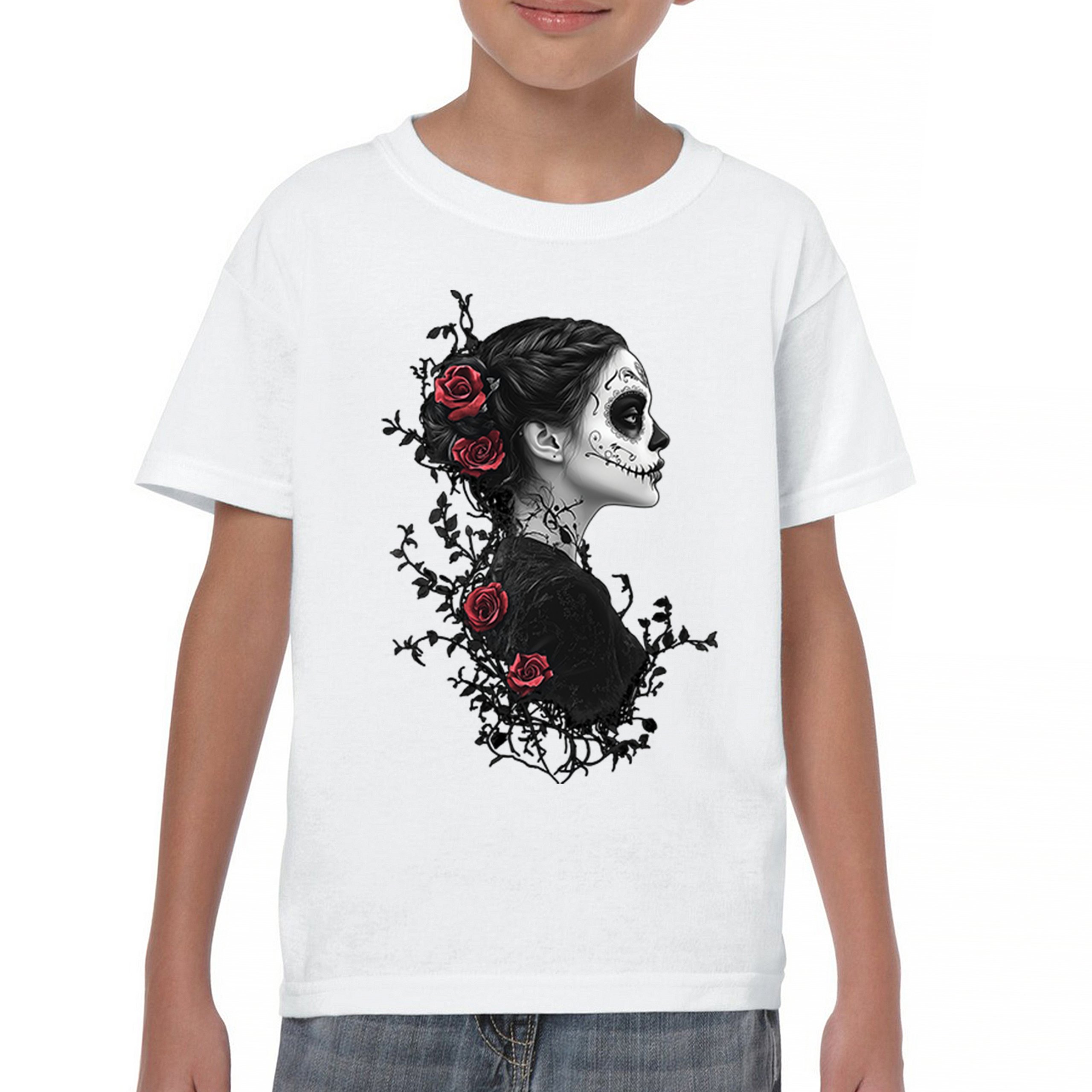 Gothic Sugar Skull Roses Youth T-shirt Day of Dead Dark Elegance Skeleton Kids - Picture 23 of 50