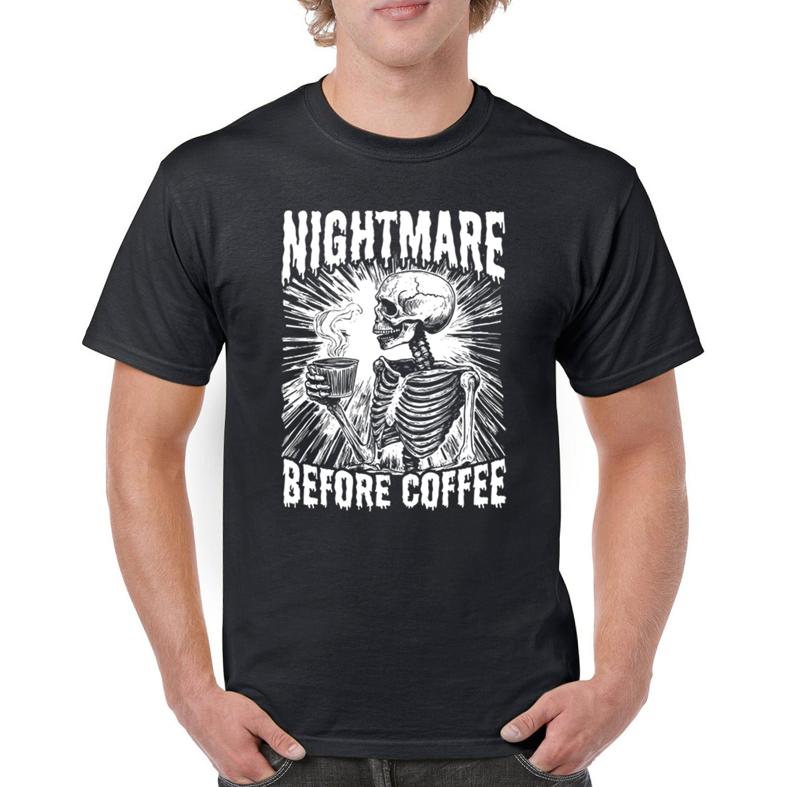 Nightmare Before Coffee T-shirt Funny Halloween Skeleton Skull Fall Men’s Tee