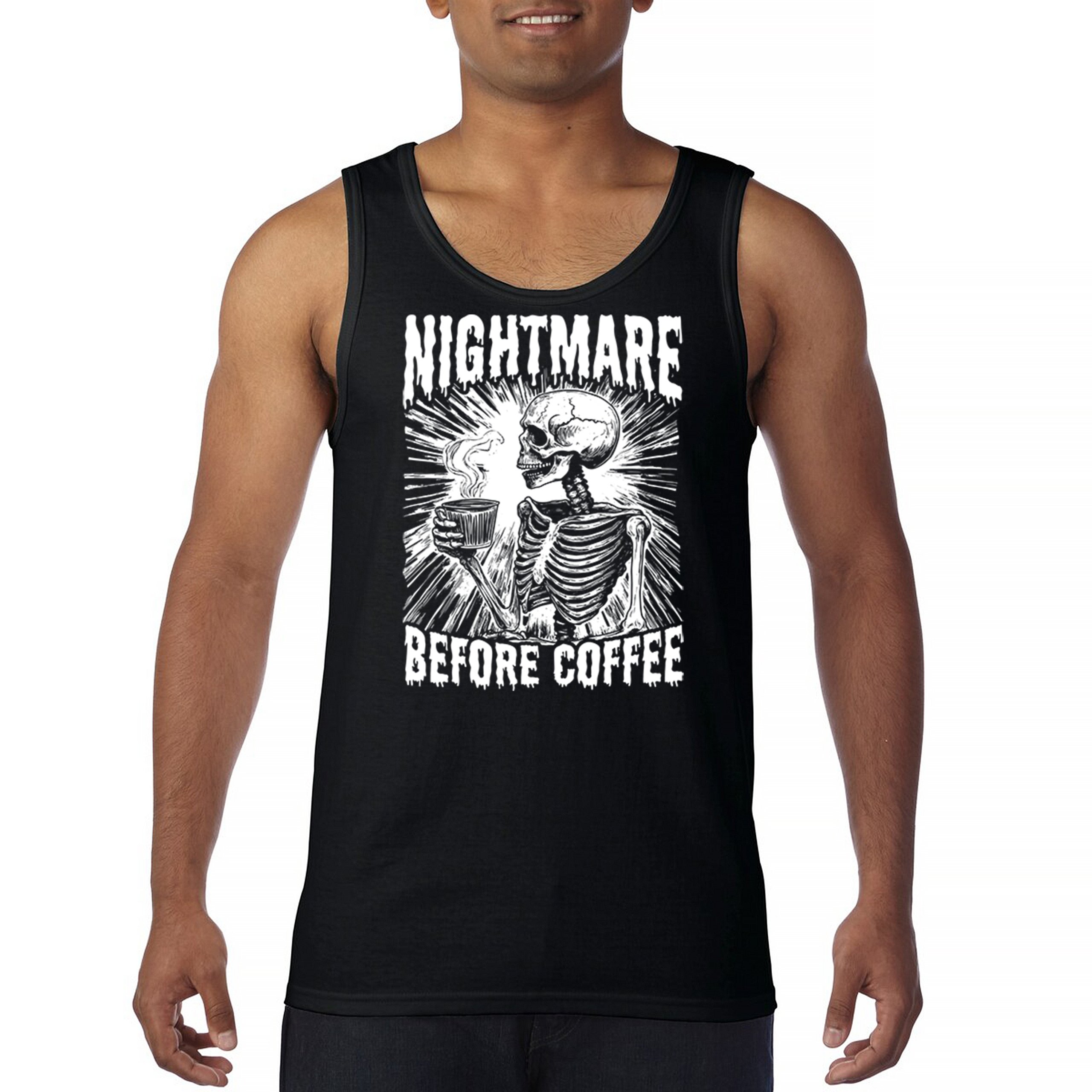 Nightmare Before Coffee Tank Top Funny Halloween Skeleton Skull Fall Men’s Top