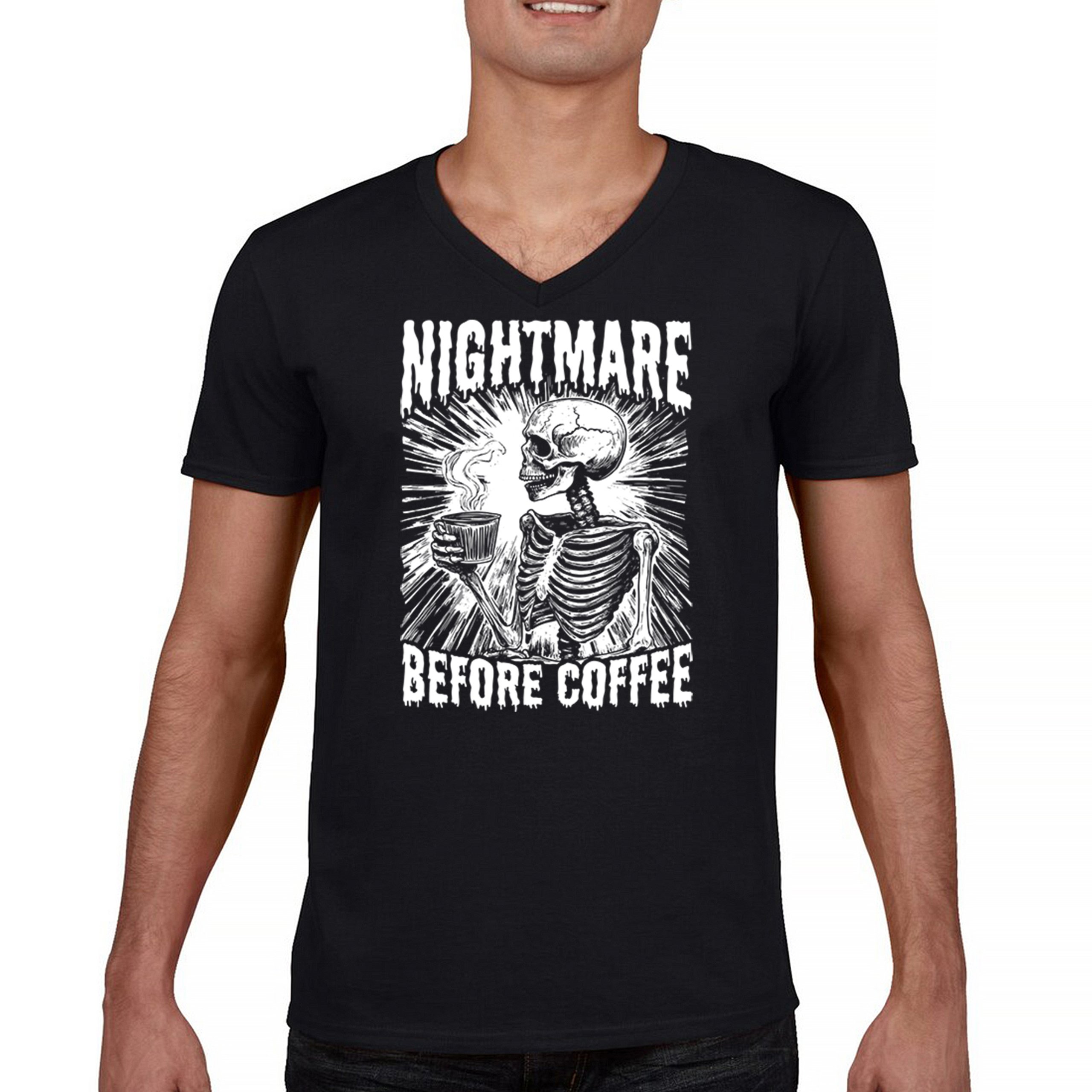 Nightmare Before Coffee V-Neck T-shirt Funny Halloween Skeleton Skull Fall Tee