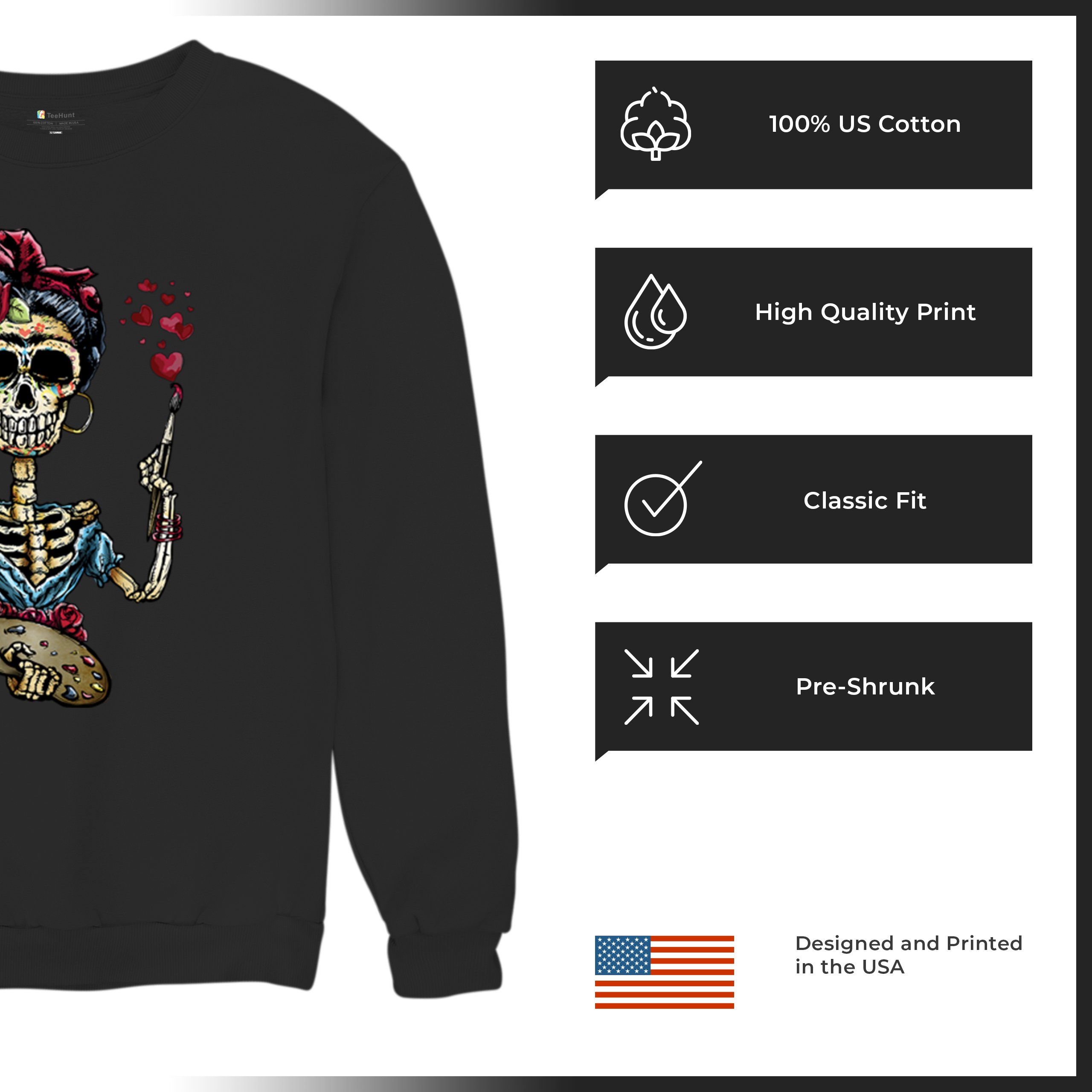 Frida Kahlo Sugar Skull Sweatshirt Calavera Mexican Day of the Dead Crewneck - Picture 7 of 50