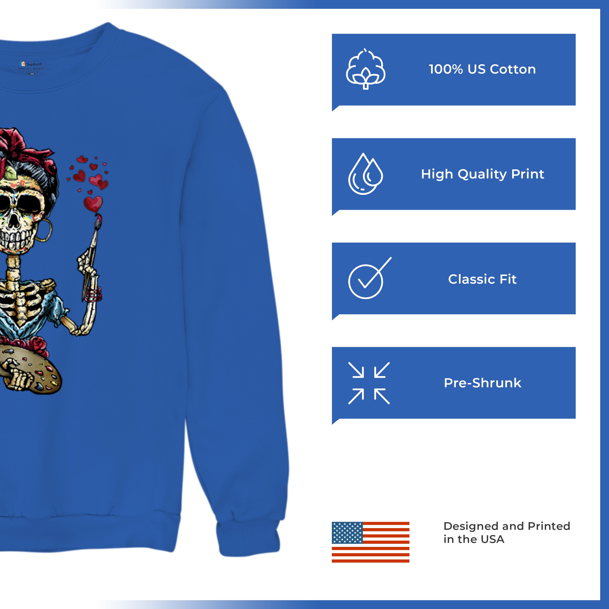Frida Kahlo Sugar Skull Sweatshirt Calavera Mexican Day of the Dead Crewneck - Picture 49 of 50