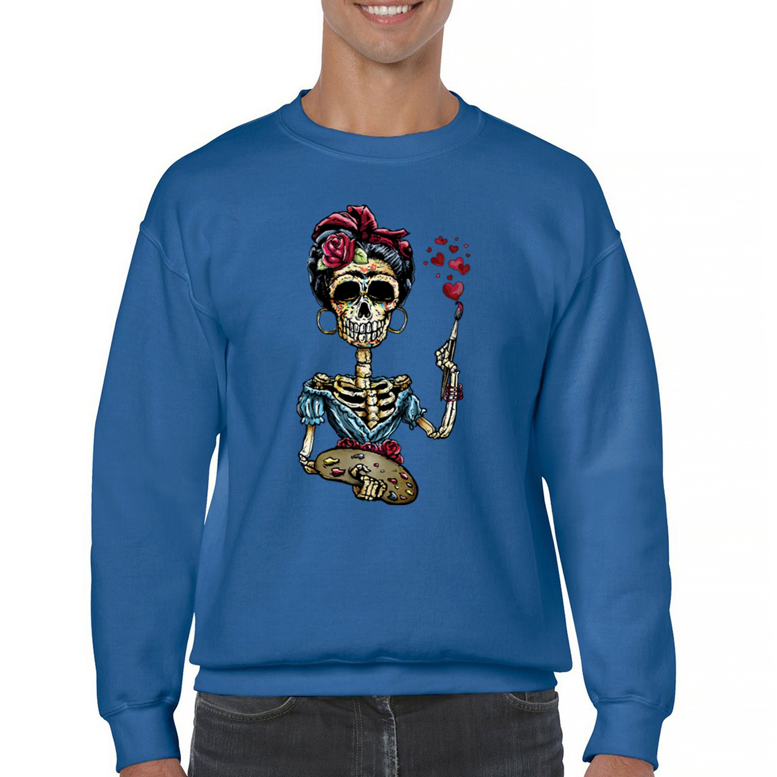 Frida Kahlo Sugar Skull Sweatshirt Calavera Mexican Day of the Dead Crewneck - Picture 44 of 50