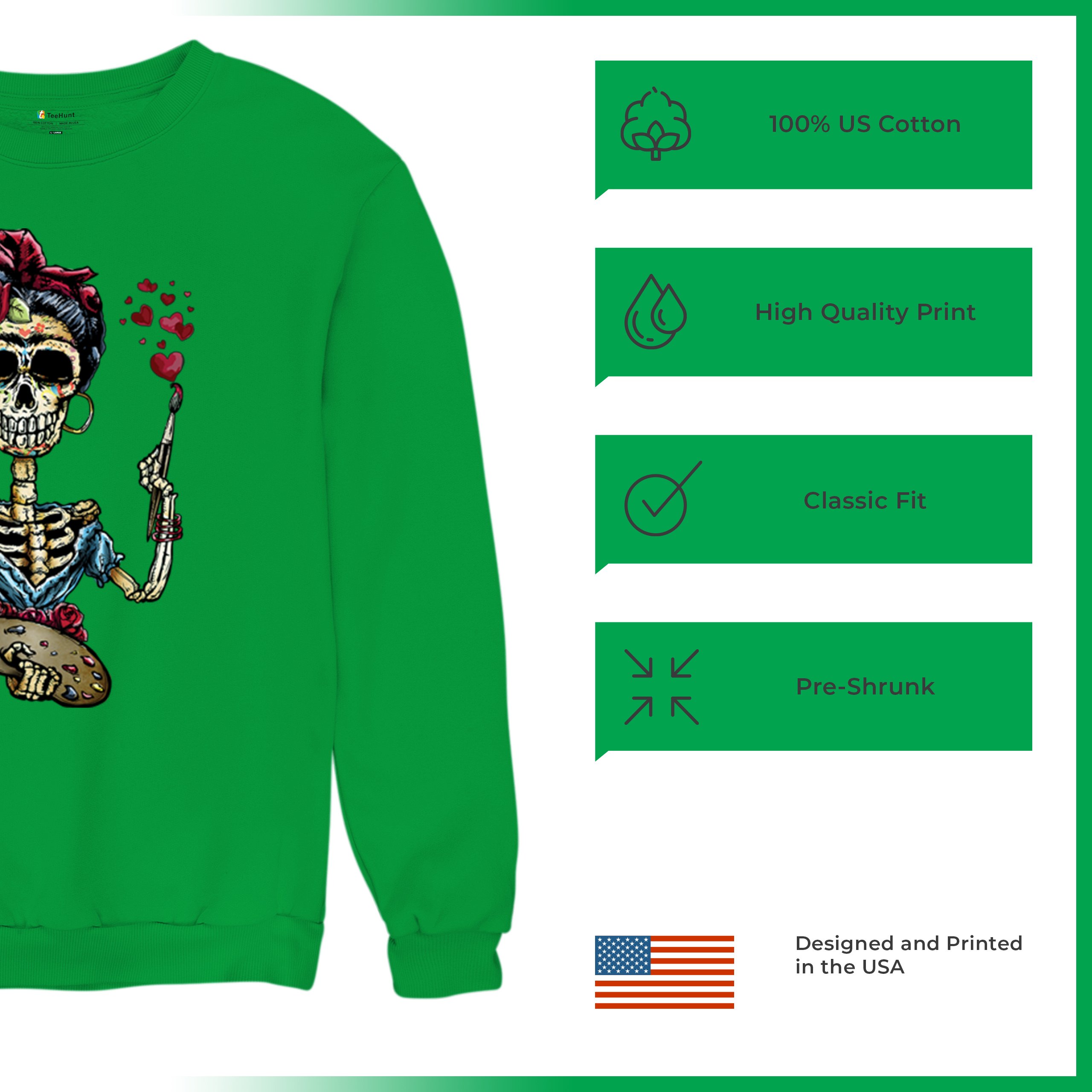 Frida Kahlo Sugar Skull Sweatshirt Calavera Mexican Day of the Dead Crewneck - Picture 42 of 50