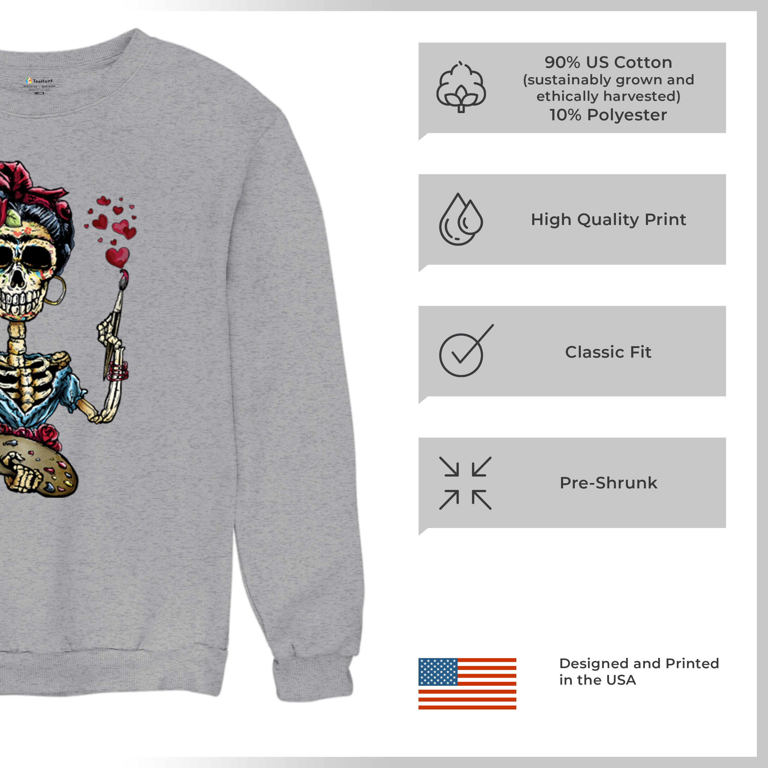 Frida Kahlo Sugar Skull Sweatshirt Calavera Mexican Day of the Dead Crewneck - Picture 14 of 50