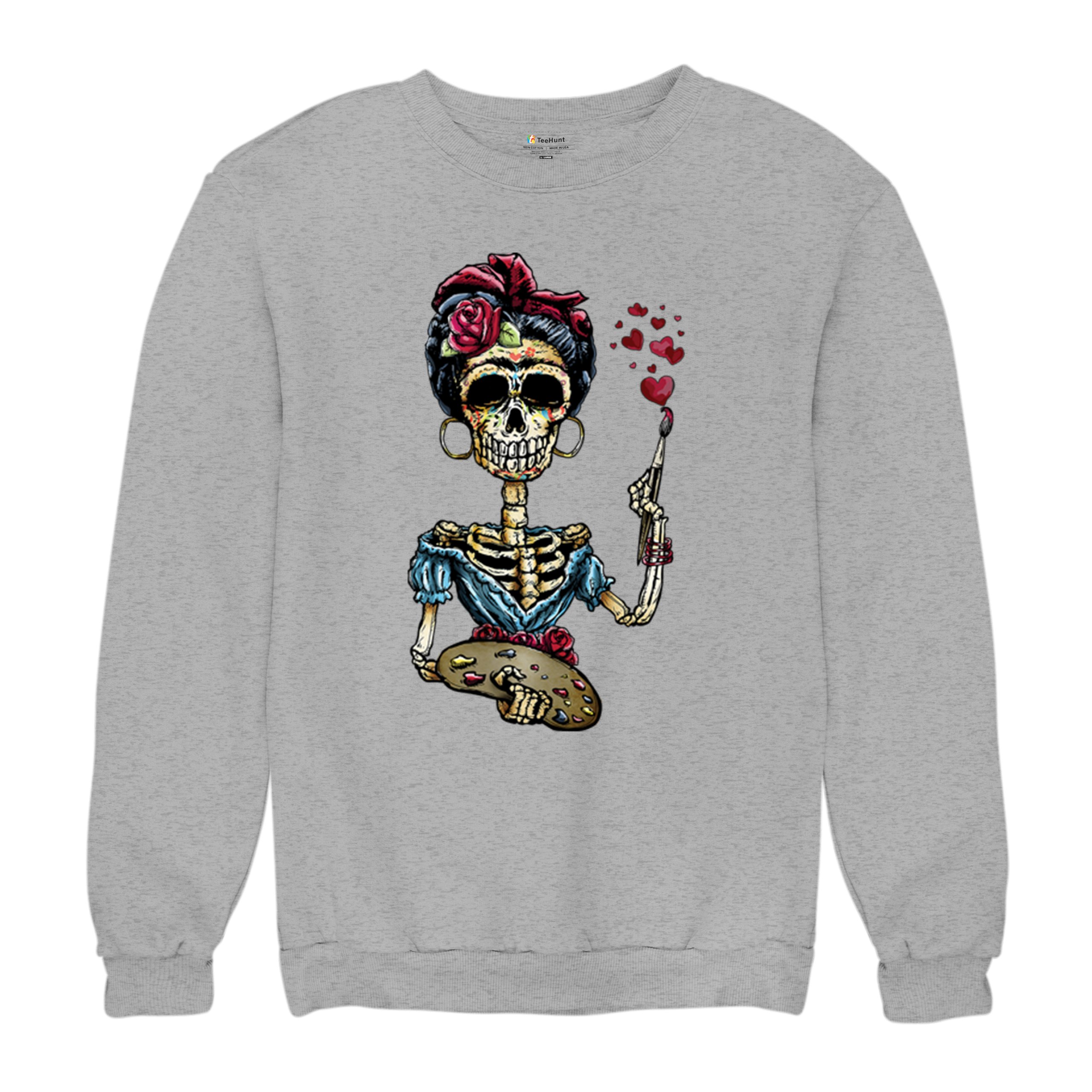 Frida Kahlo Sugar Skull Sweatshirt Calavera Mexican Day of the Dead Crewneck - Picture 13 of 50
