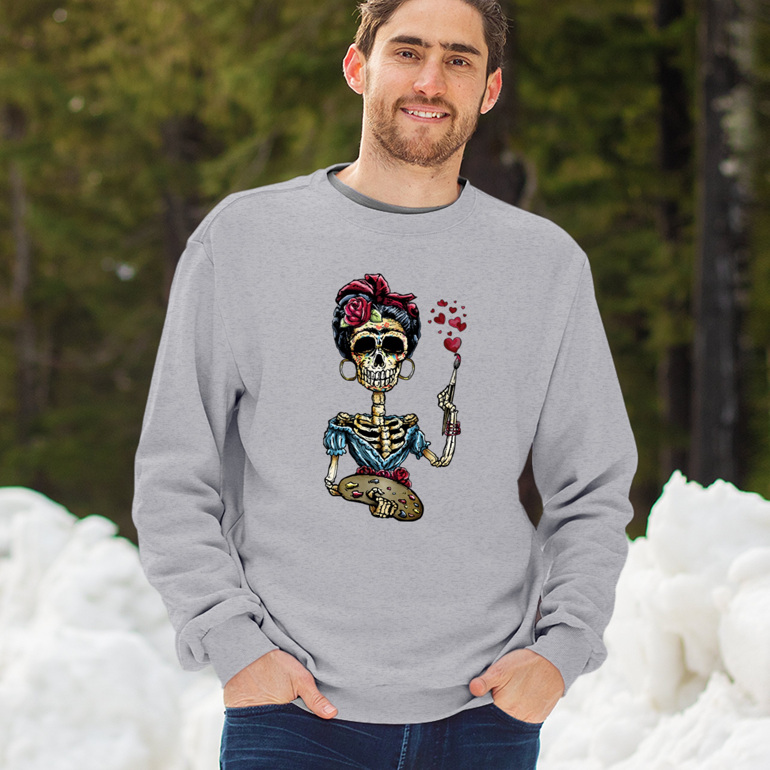 Frida Kahlo Sugar Skull Sweatshirt Calavera Mexican Day of the Dead Crewneck - Picture 12 of 50