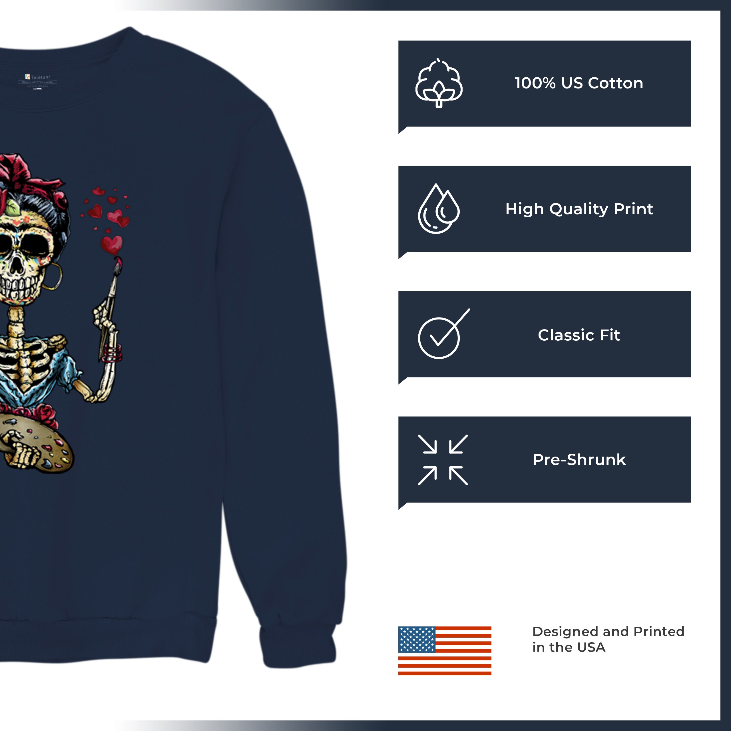 Frida Kahlo Sugar Skull Sweatshirt Calavera Mexican Day of the Dead Crewneck - Picture 35 of 50