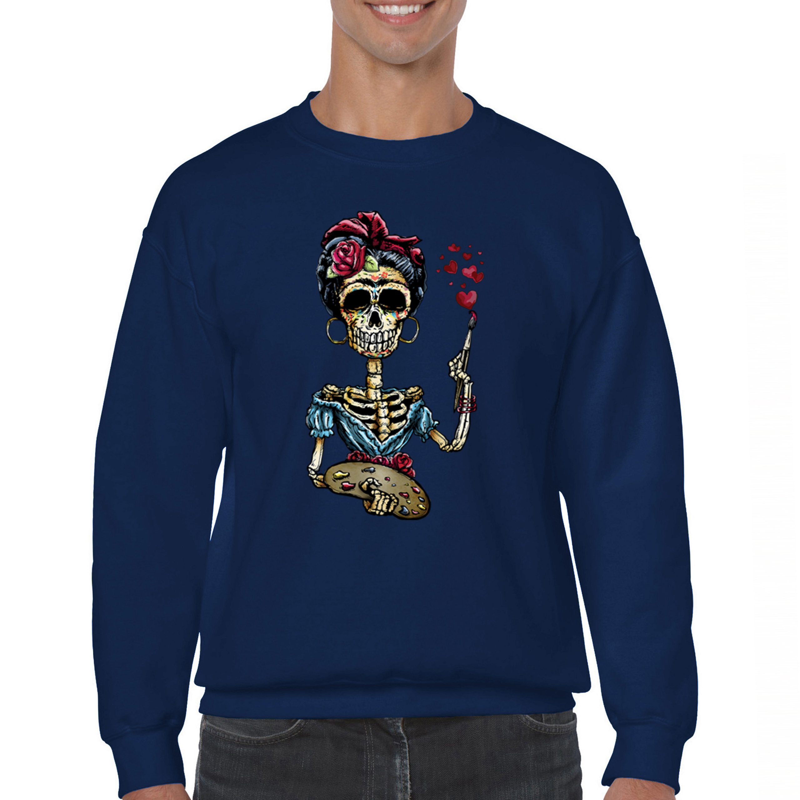 Frida Kahlo Sugar Skull Sweatshirt Calavera Mexican Day of the Dead Crewneck - Picture 30 of 50