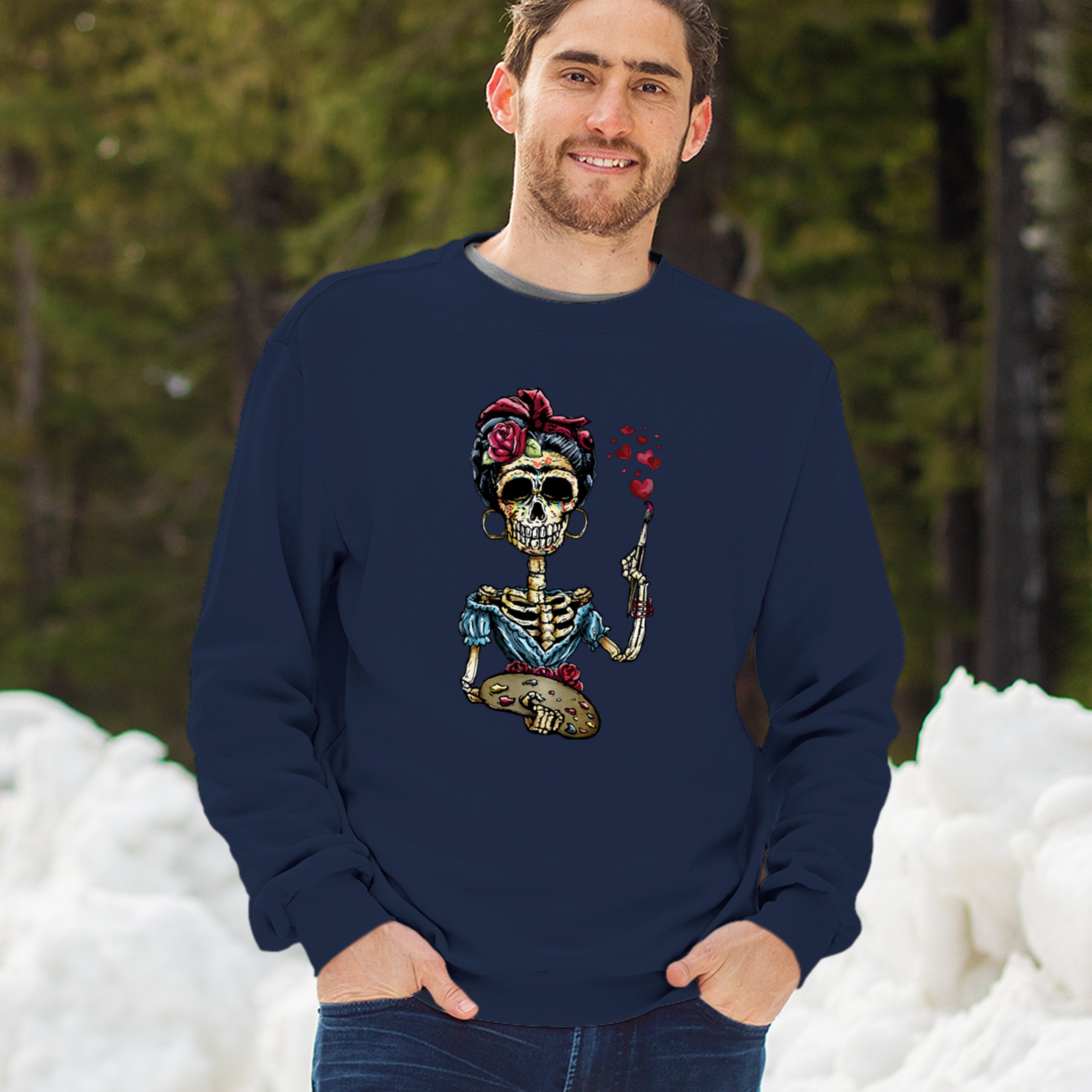 Frida Kahlo Sugar Skull Sweatshirt Calavera Mexican Day of the Dead Crewneck - Picture 33 of 50