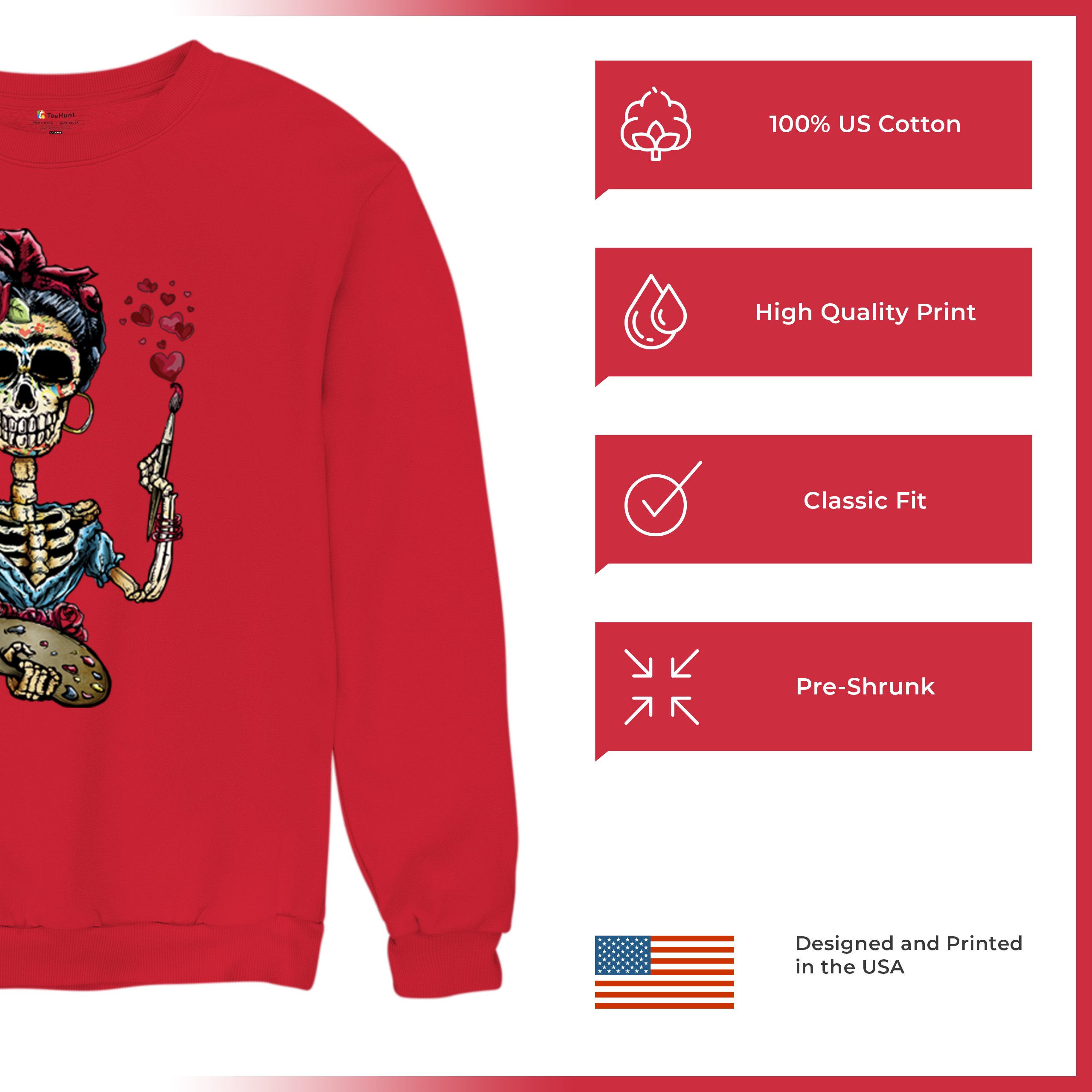 Frida Kahlo Sugar Skull Sweatshirt Calavera Mexican Day of the Dead Crewneck - Picture 21 of 50