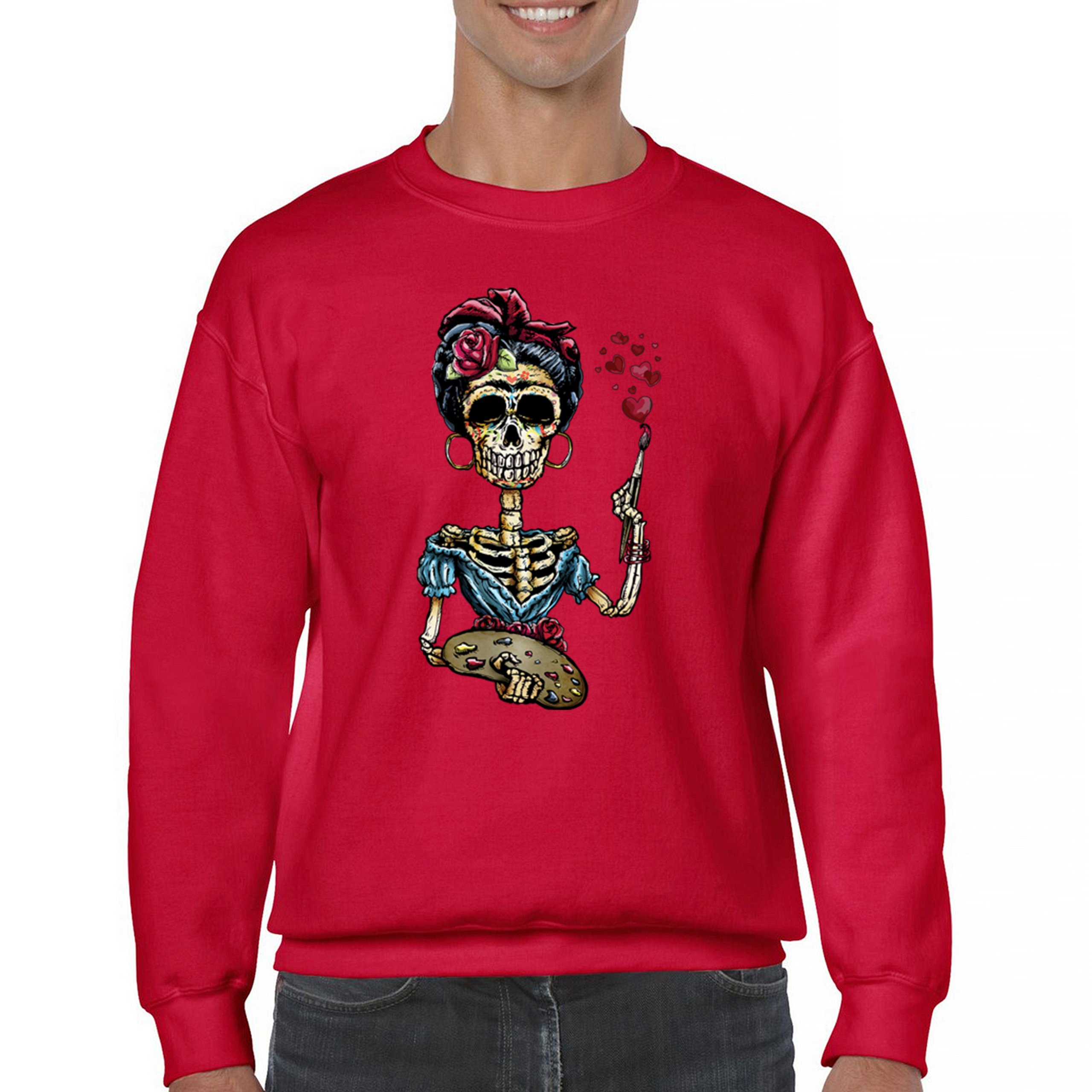 Frida Kahlo Sugar Skull Sweatshirt Calavera Mexican Day of the Dead Crewneck - Picture 16 of 50