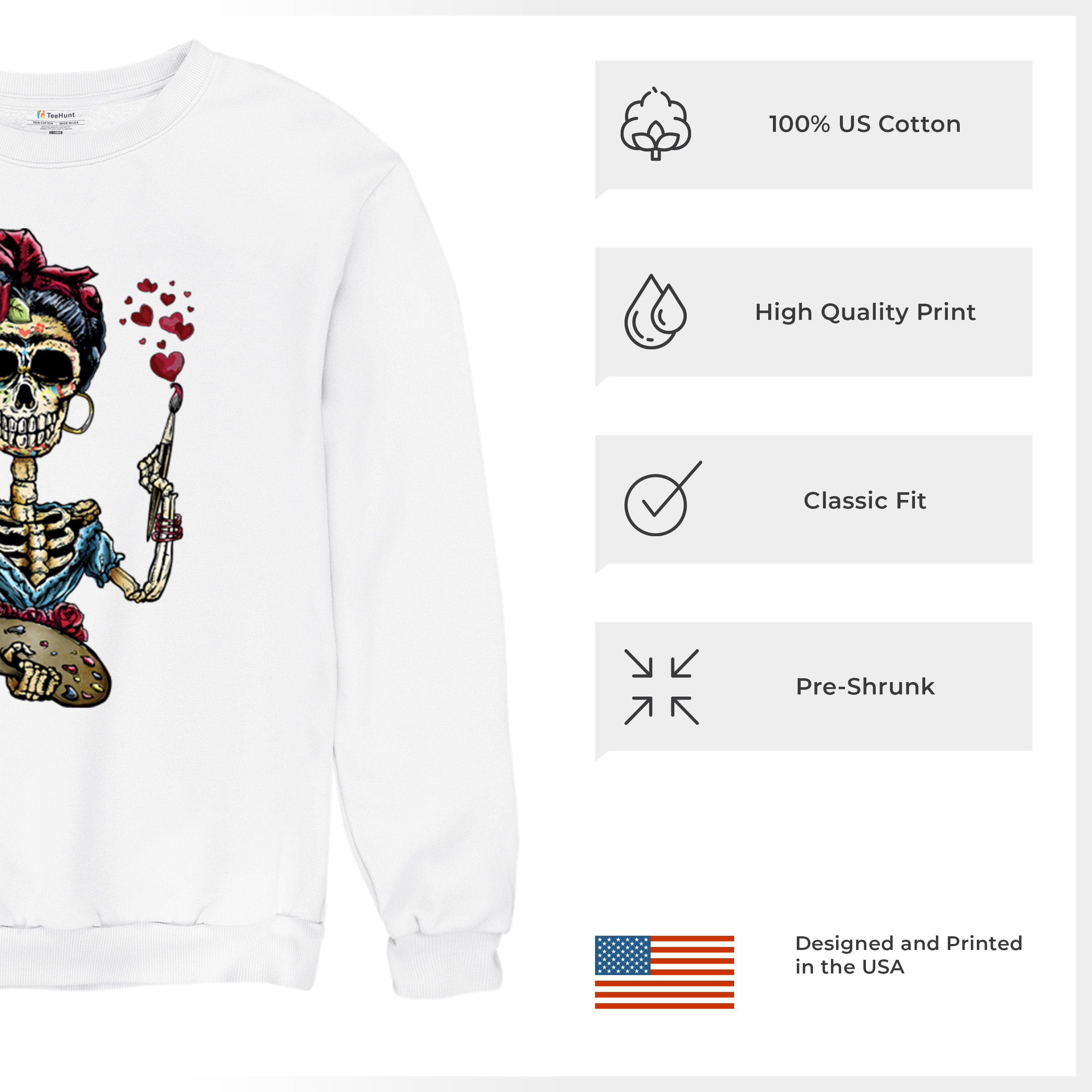 Frida Kahlo Sugar Skull Sweatshirt Calavera Mexican Day of the Dead Crewneck - Picture 28 of 50