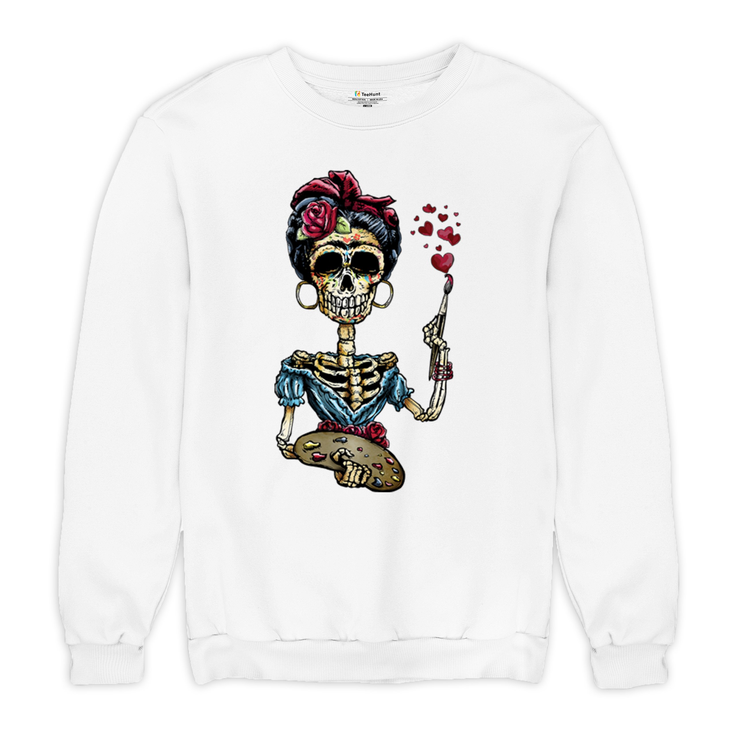 Frida Kahlo Sugar Skull Sweatshirt Calavera Mexican Day of the Dead Crewneck - Picture 27 of 50