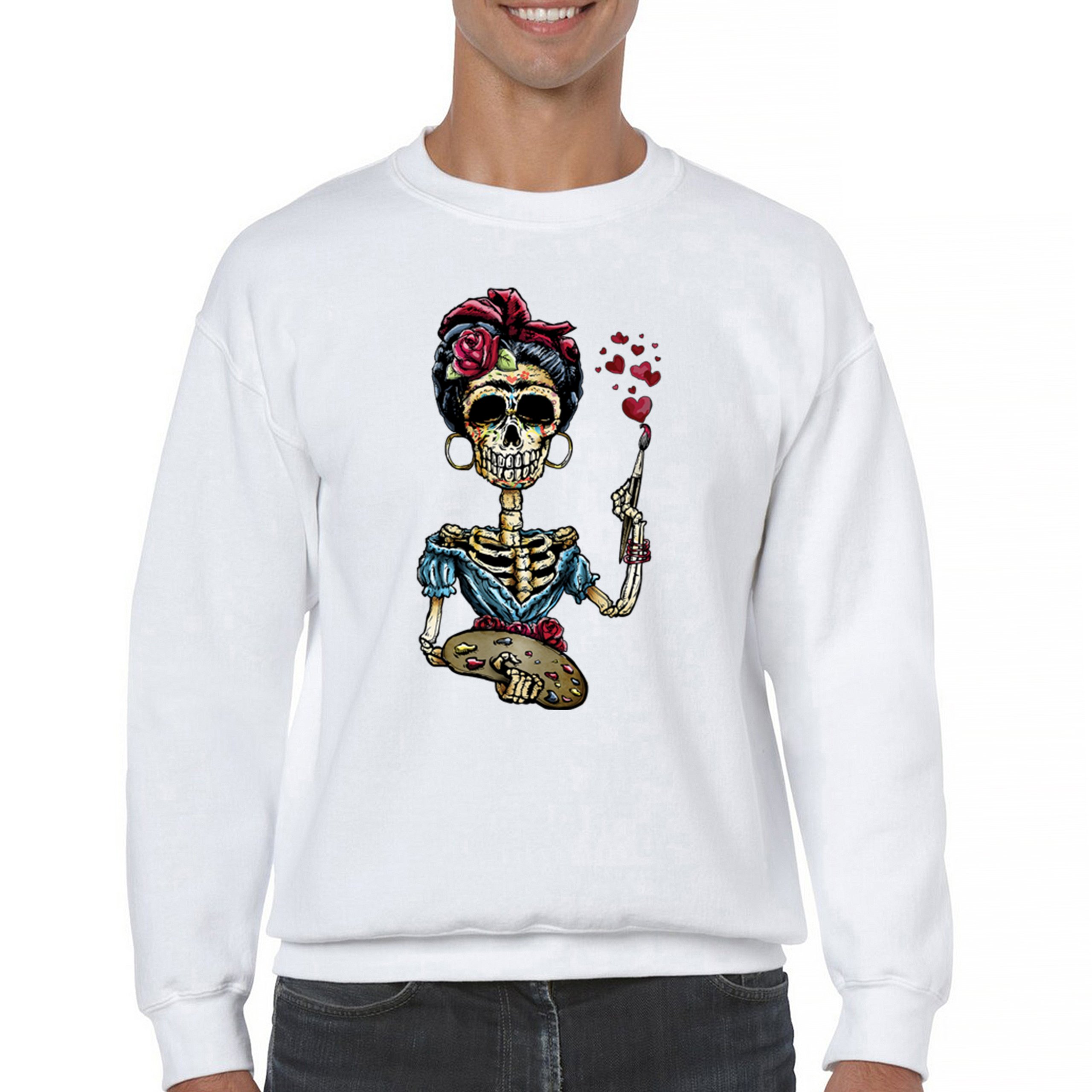 Frida Kahlo Sugar Skull Sweatshirt Calavera Mexican Day of the Dead Crewneck - Picture 23 of 50