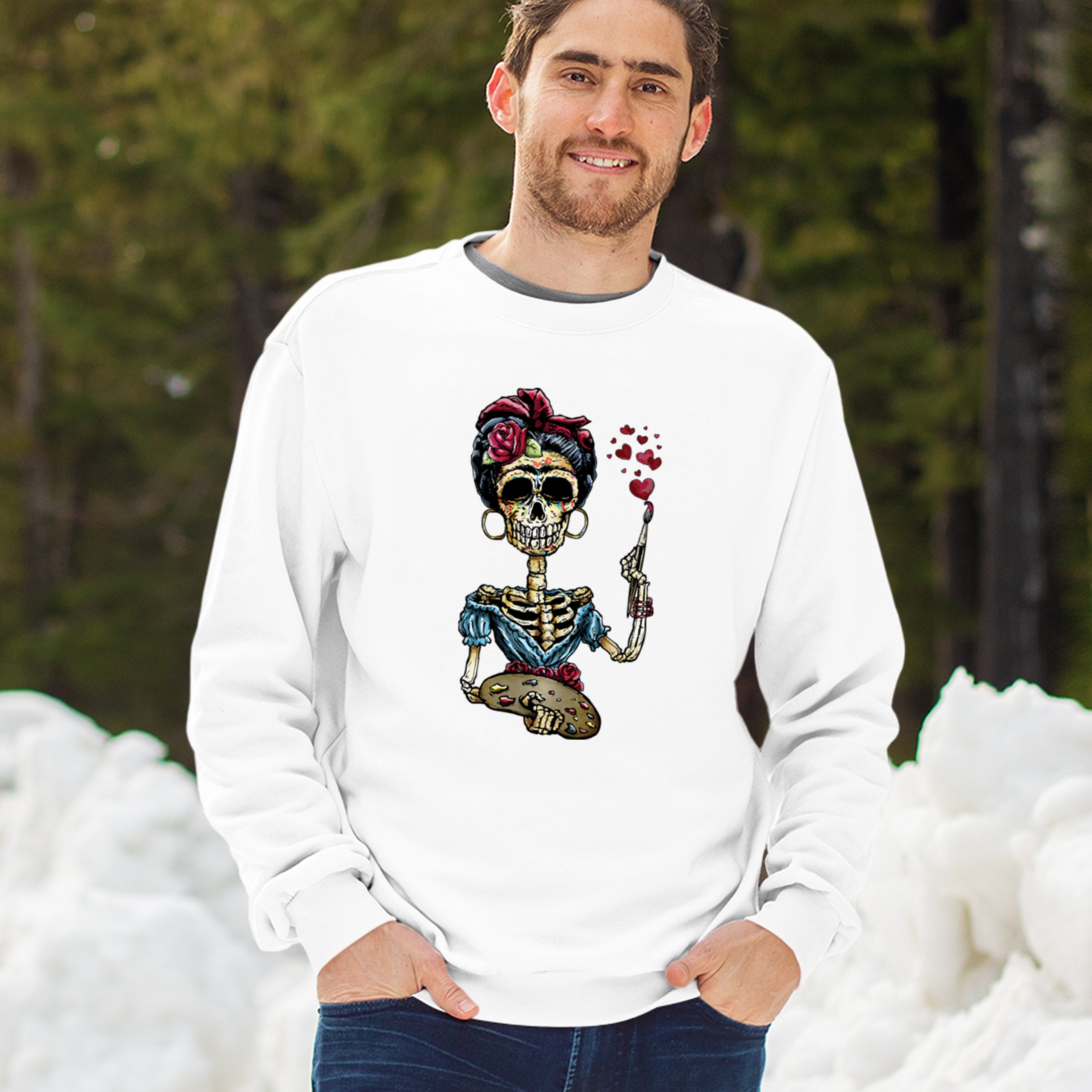 Frida Kahlo Sugar Skull Sweatshirt Calavera Mexican Day of the Dead Crewneck - Picture 26 of 50