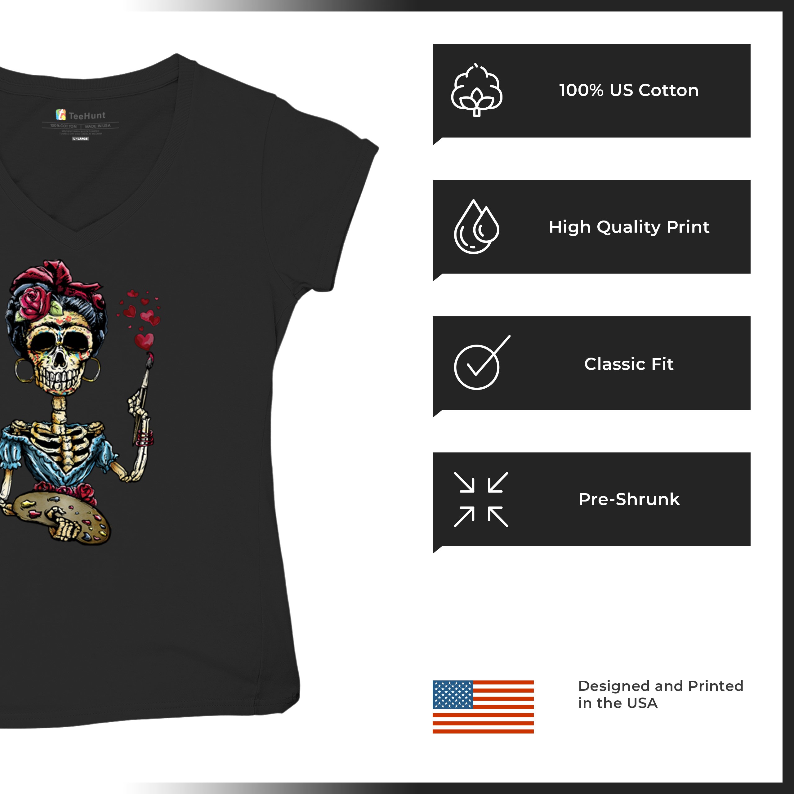 Frida Kahlo Sugar Skull Women's V-Neck T-shirt Calavera Day of the Dead Tee - Picture 7 of 71