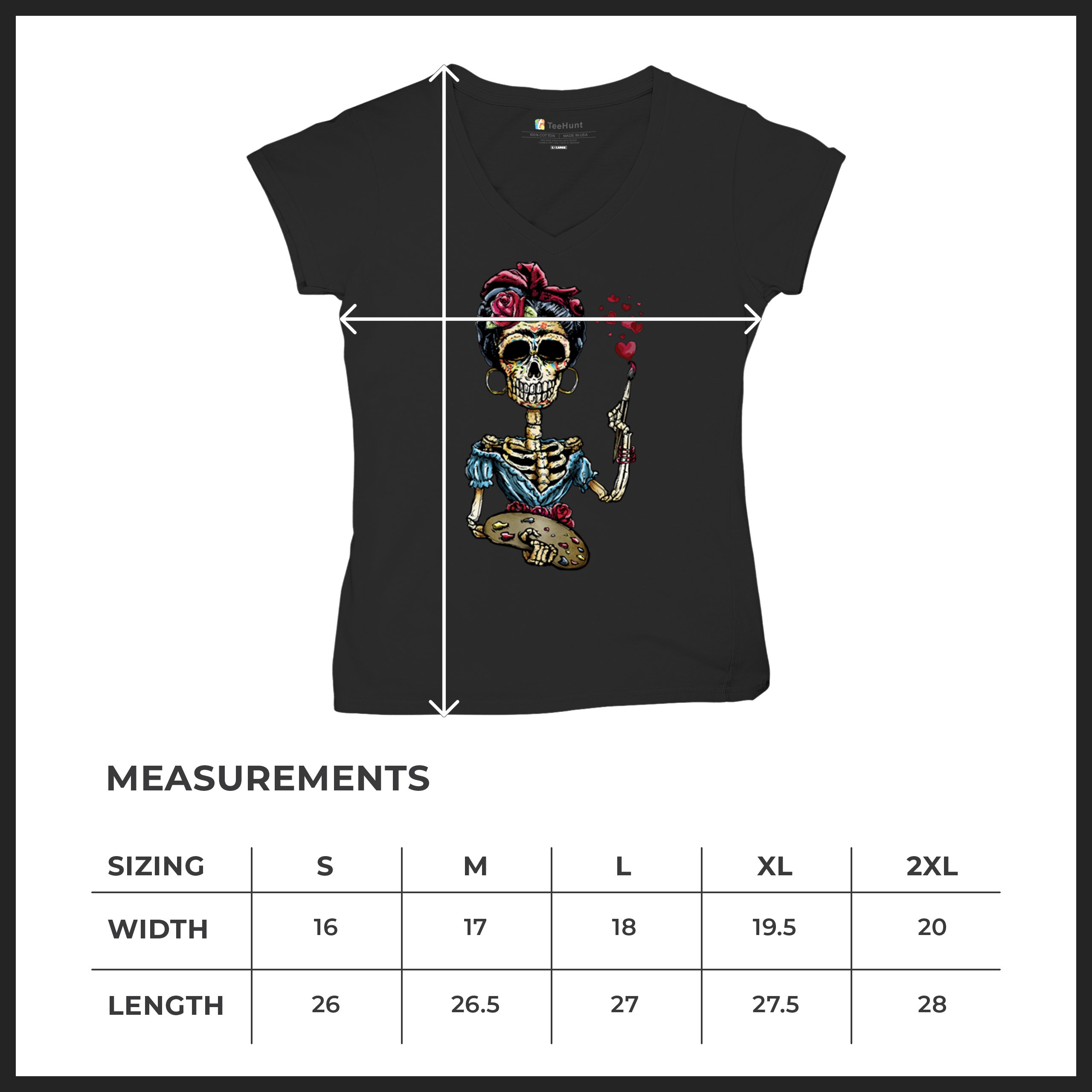 Frida Kahlo Sugar Skull Women's V-Neck T-shirt Calavera Day of the Dead Tee - Picture 8 of 71