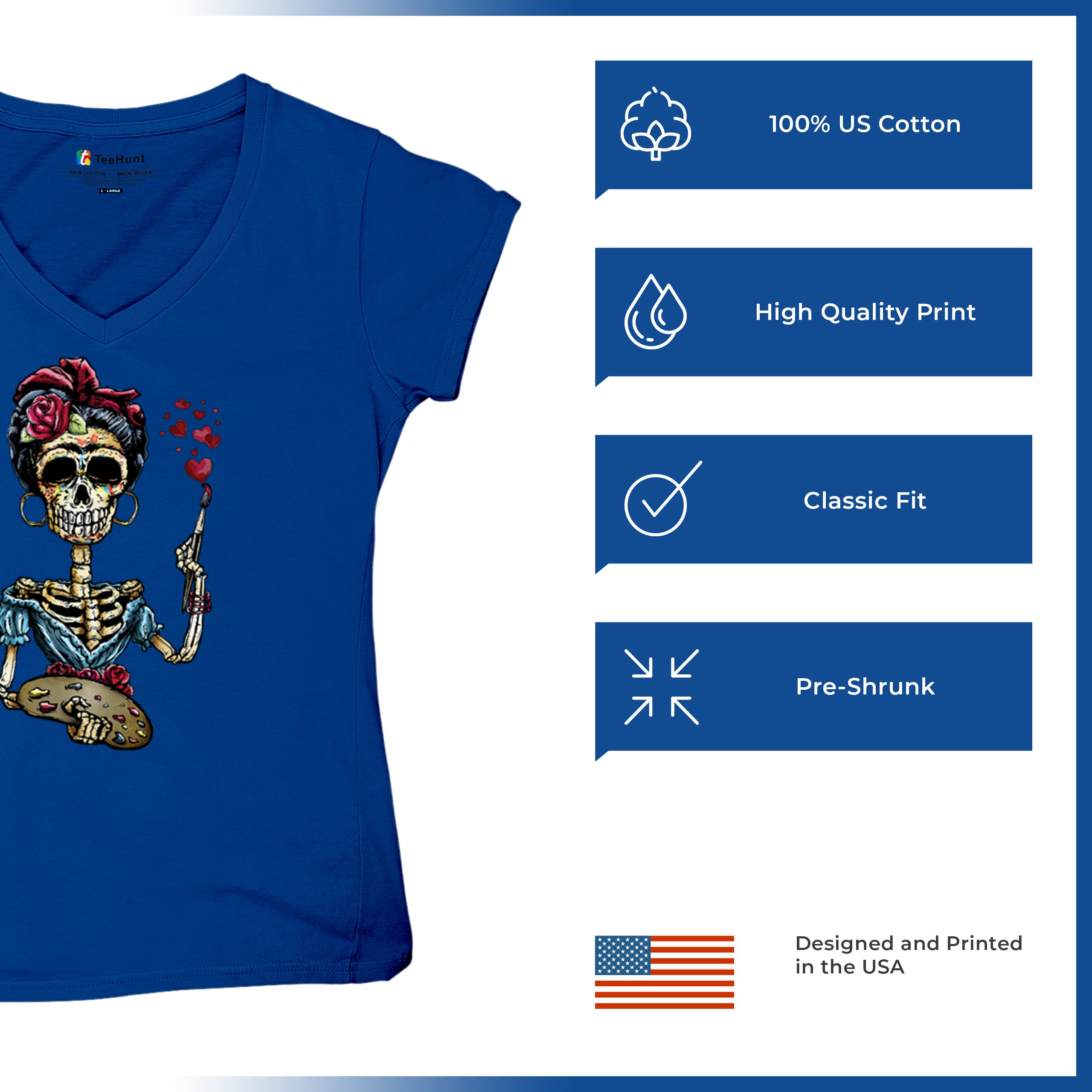 Frida Kahlo Sugar Skull Women's V-Neck T-shirt Calavera Day of the Dead Tee - Picture 56 of 71