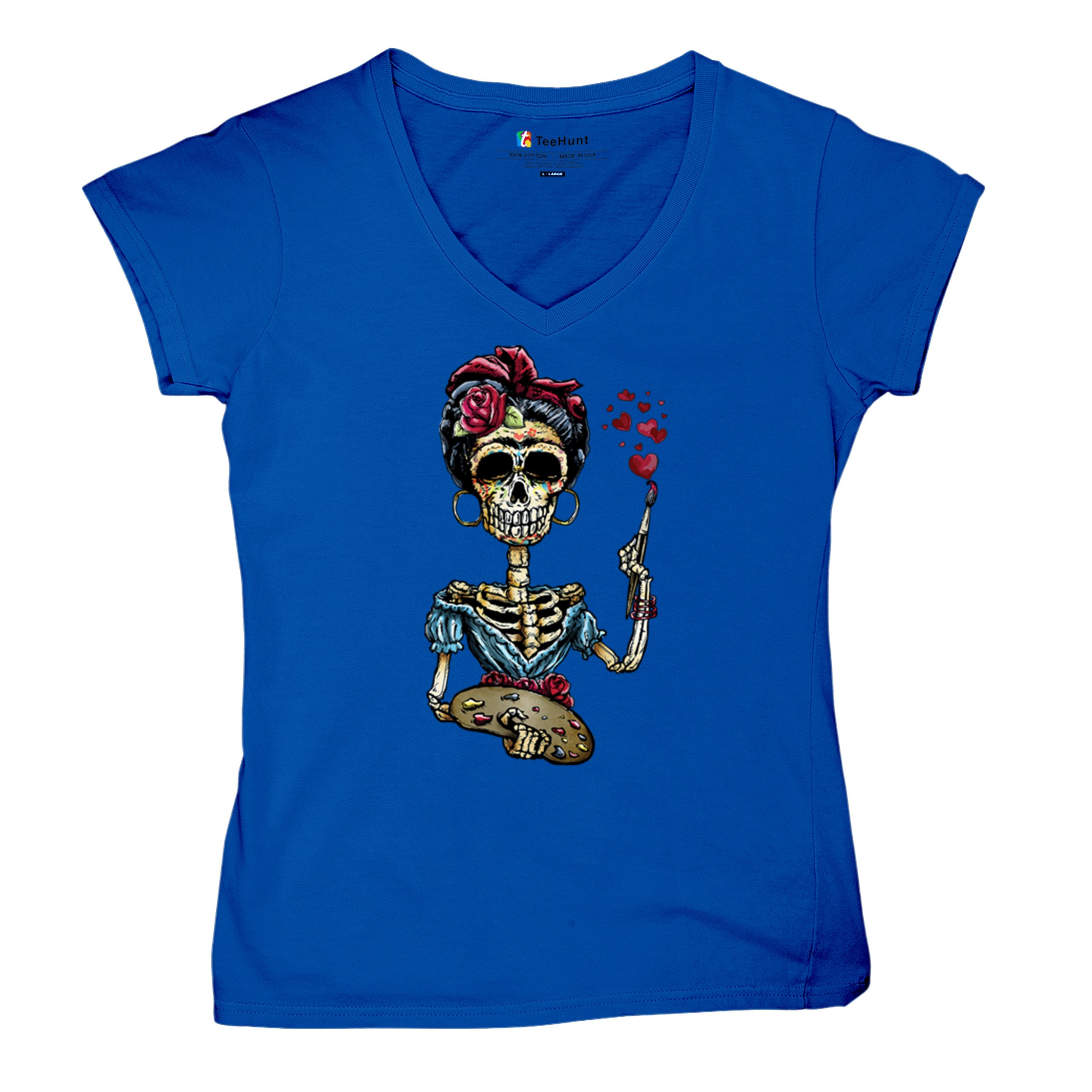 Frida Kahlo Sugar Skull Women's V-Neck T-shirt Calavera Day of the Dead Tee - Picture 55 of 71