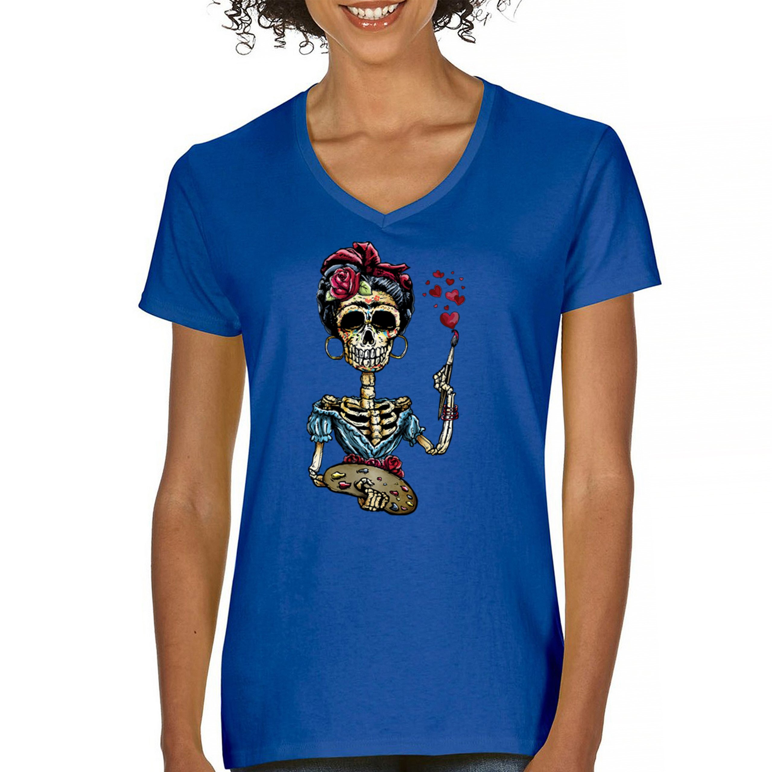 Frida Kahlo Sugar Skull Women's V-Neck T-shirt Calavera Day of the Dead Tee - Picture 51 of 71