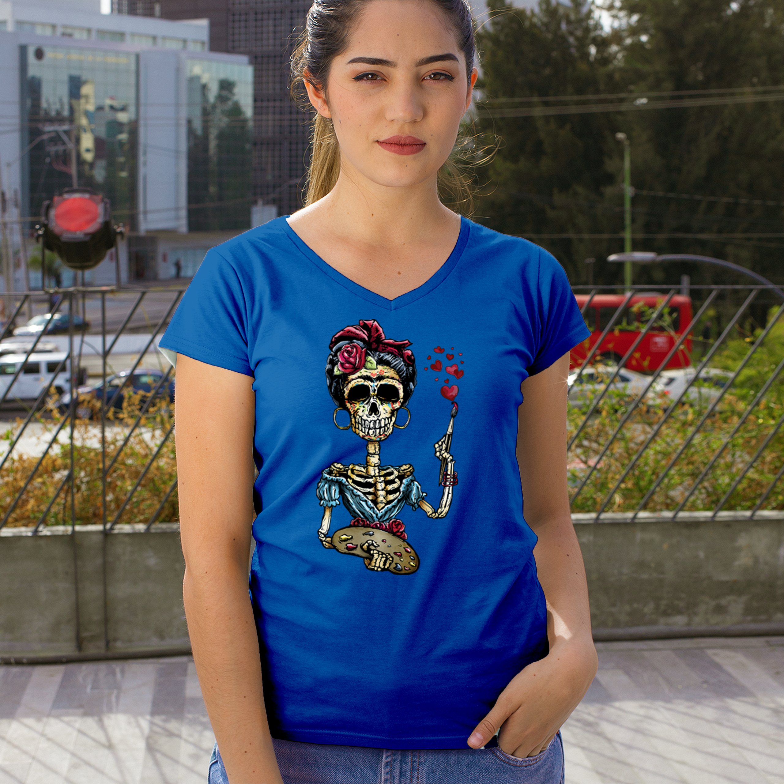 Frida Kahlo Sugar Skull Women's V-Neck T-shirt Calavera Day of the Dead Tee - Picture 54 of 71