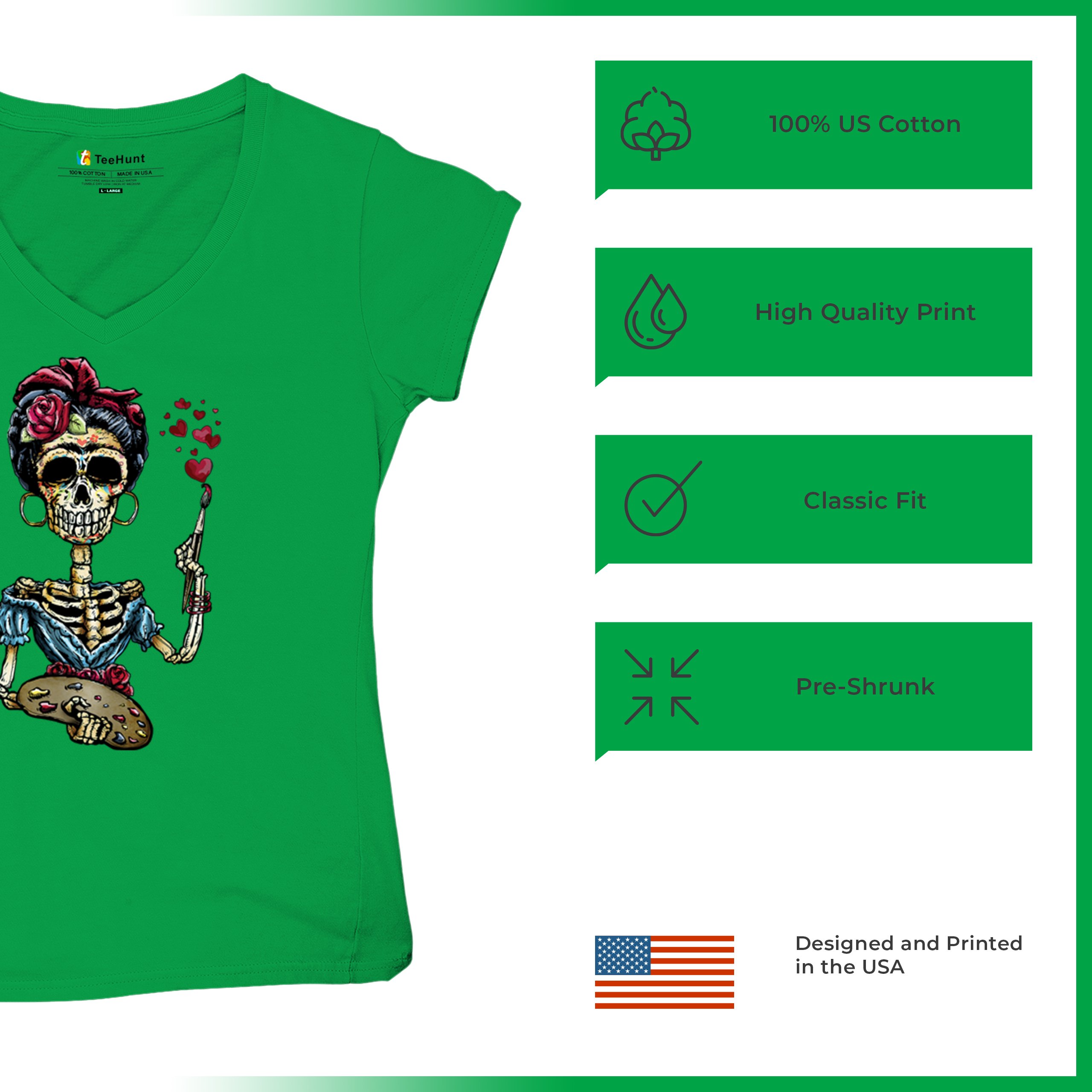 Frida Kahlo Sugar Skull Women's V-Neck T-shirt Calavera Day of the Dead Tee - Picture 49 of 71
