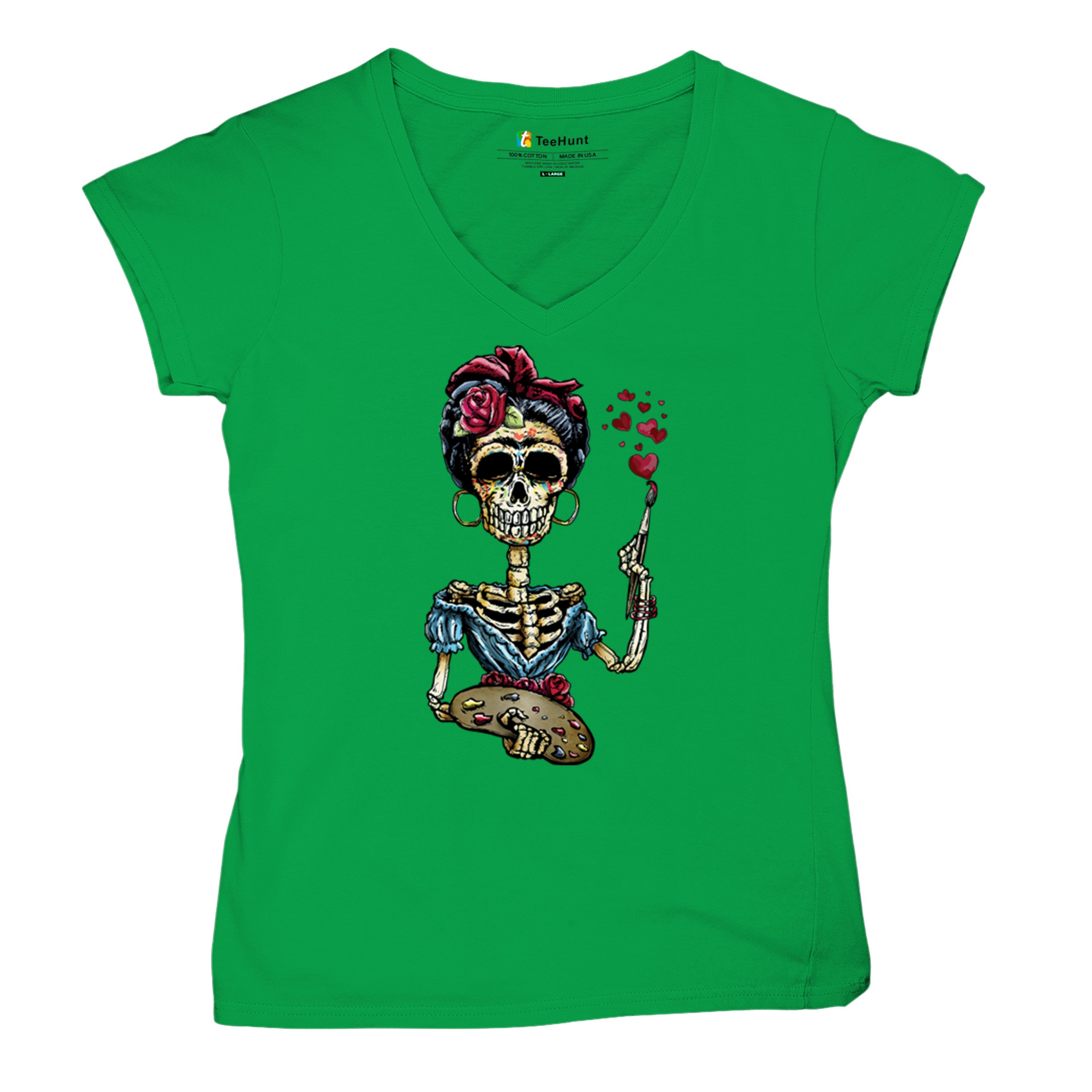 Frida Kahlo Sugar Skull Women's V-Neck T-shirt Calavera Day of the Dead Tee - Picture 48 of 71