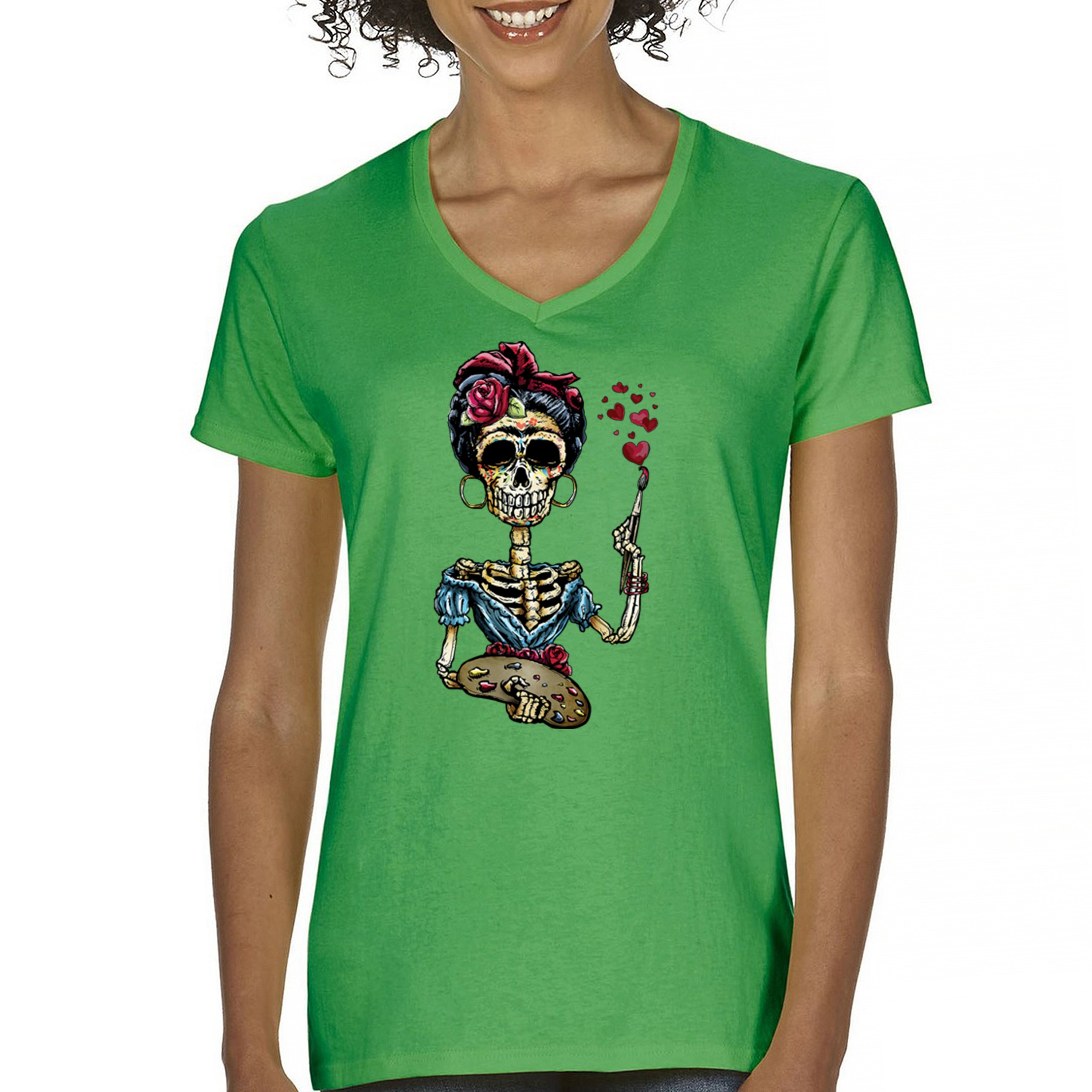 Frida Kahlo Sugar Skull Women's V-Neck T-shirt Calavera Day of the Dead Tee - Picture 44 of 71