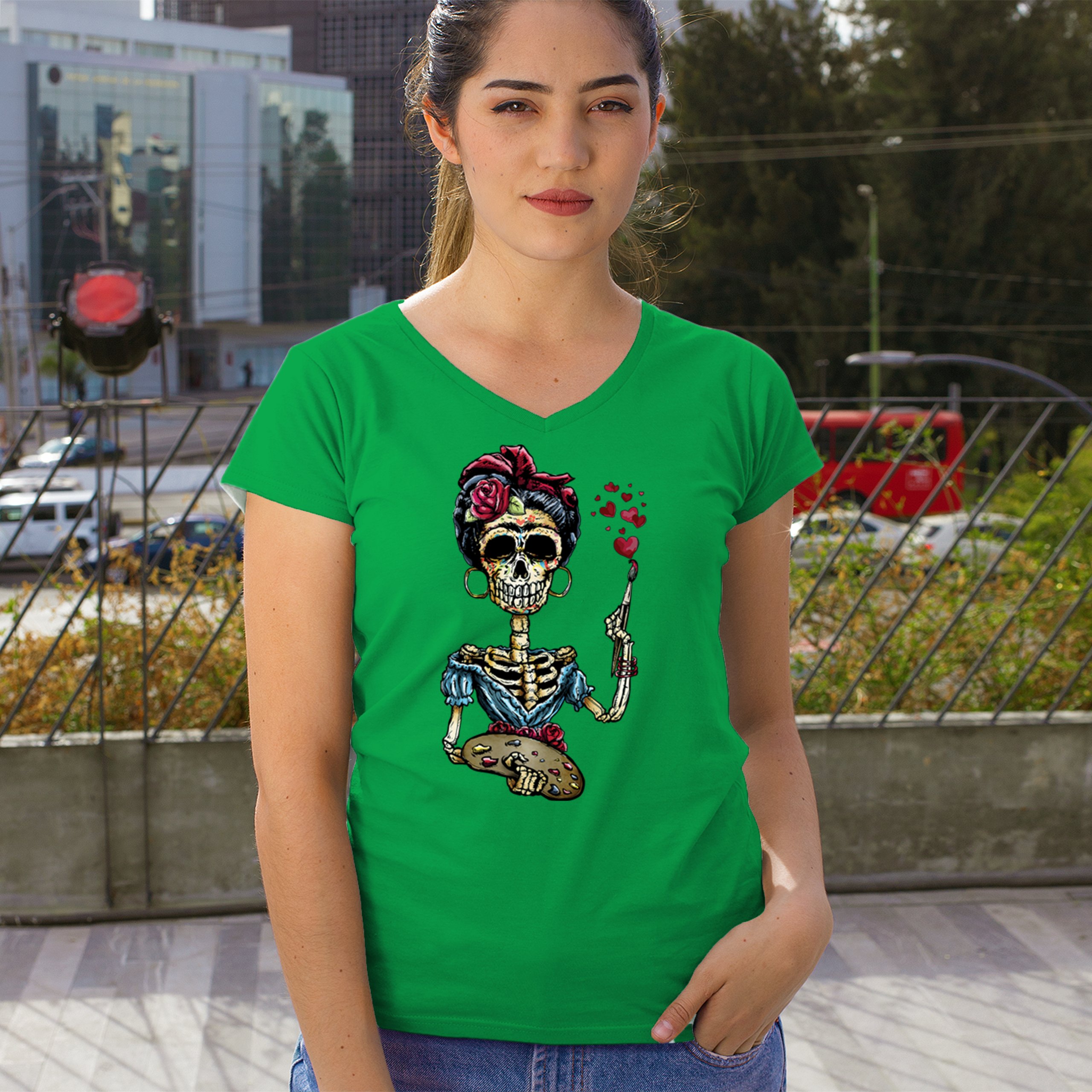 Frida Kahlo Sugar Skull Women's V-Neck T-shirt Calavera Day of the Dead Tee - Picture 47 of 71