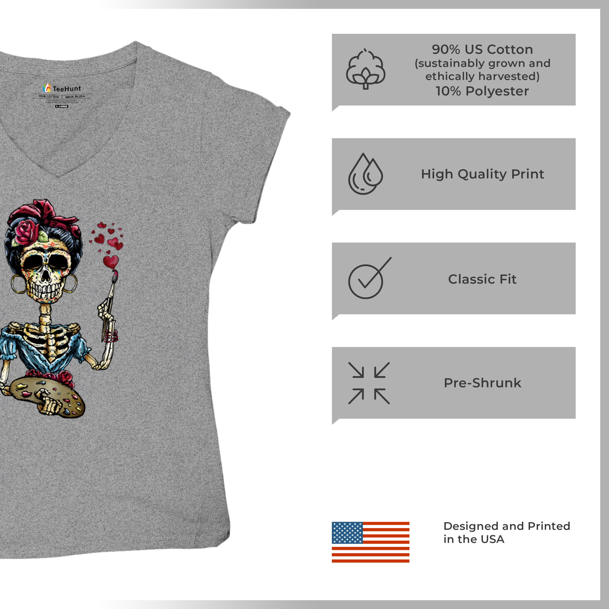 Frida Kahlo Sugar Skull Women's V-Neck T-shirt Calavera Day of the Dead Tee - Picture 14 of 71