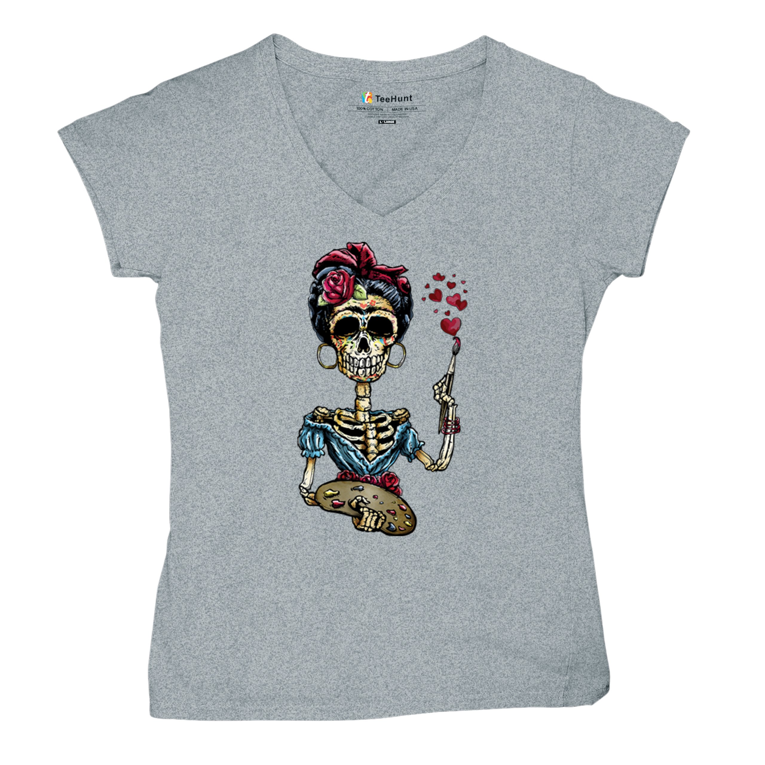 Frida Kahlo Sugar Skull Women's V-Neck T-shirt Calavera Day of the Dead Tee - Picture 13 of 71