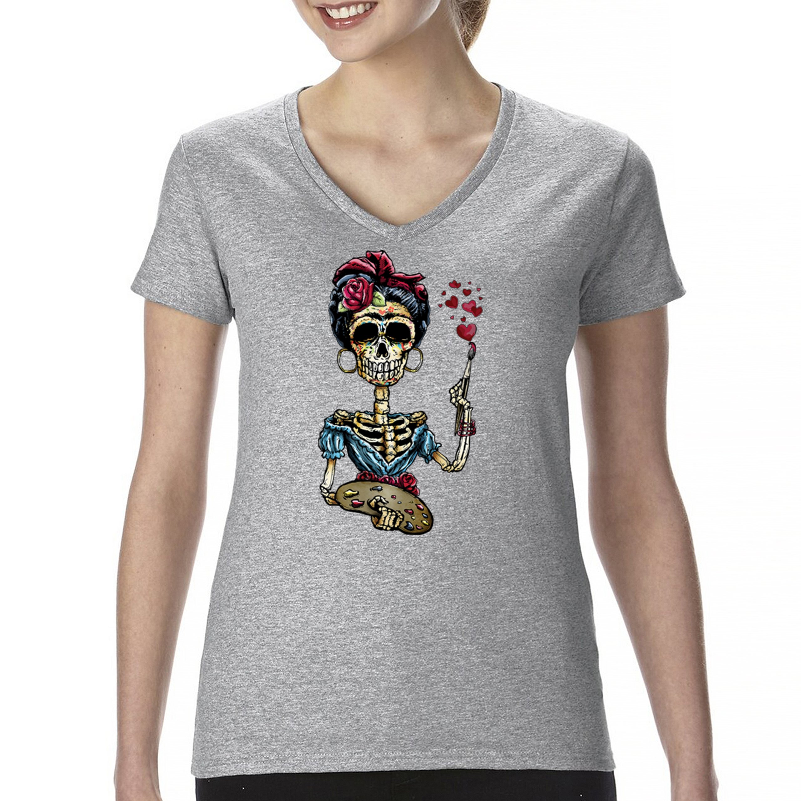 Frida Kahlo Sugar Skull Women's V-Neck T-shirt Calavera Day of the Dead Tee - Picture 9 of 71