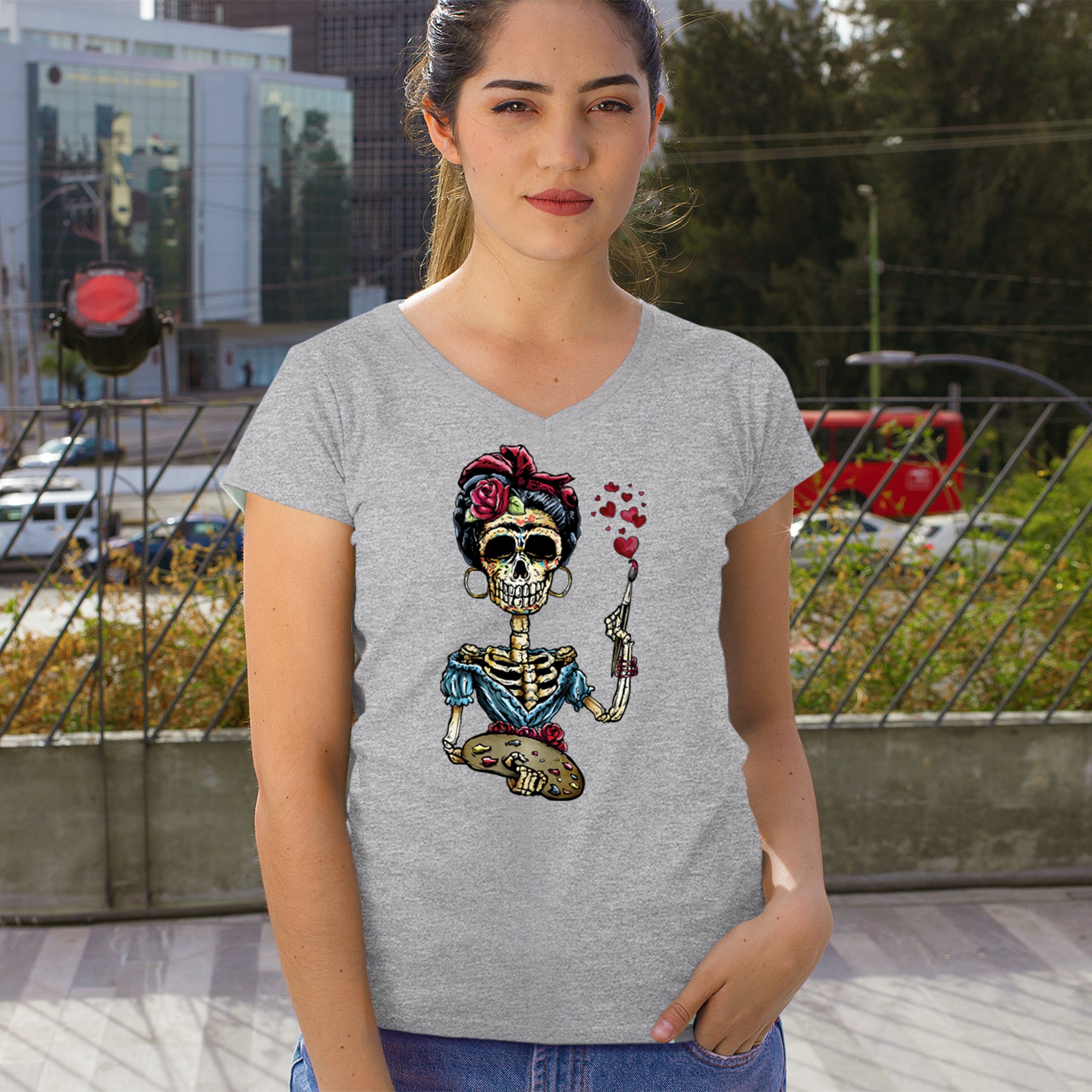 Frida Kahlo Sugar Skull Women's V-Neck T-shirt Calavera Day of the Dead Tee - Picture 12 of 71