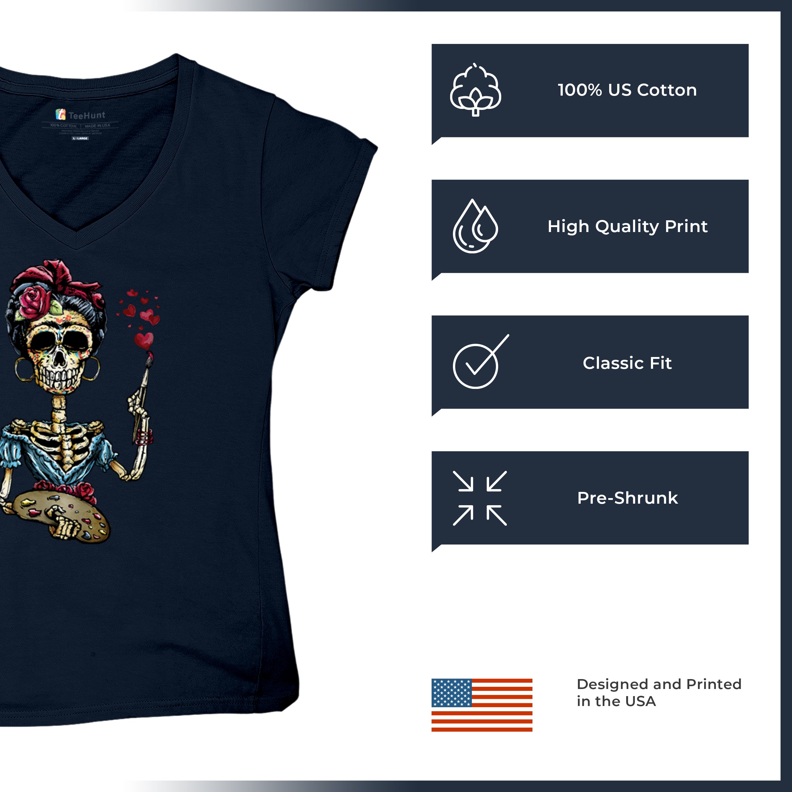 Frida Kahlo Sugar Skull Women's V-Neck T-shirt Calavera Day of the Dead Tee - Picture 42 of 71